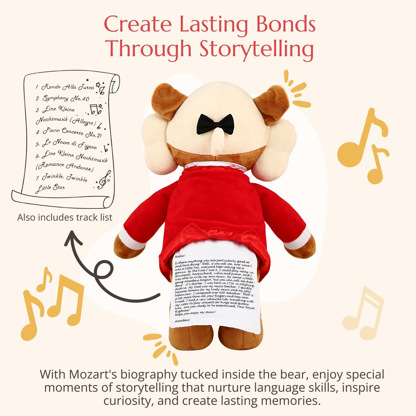 Vosego Amadeus Mozart Plush Bear – Plays 40 Mins of Classical Music, Educational & Soothing Interactive Teddy Bear for Babies & Toddlers, Perfect