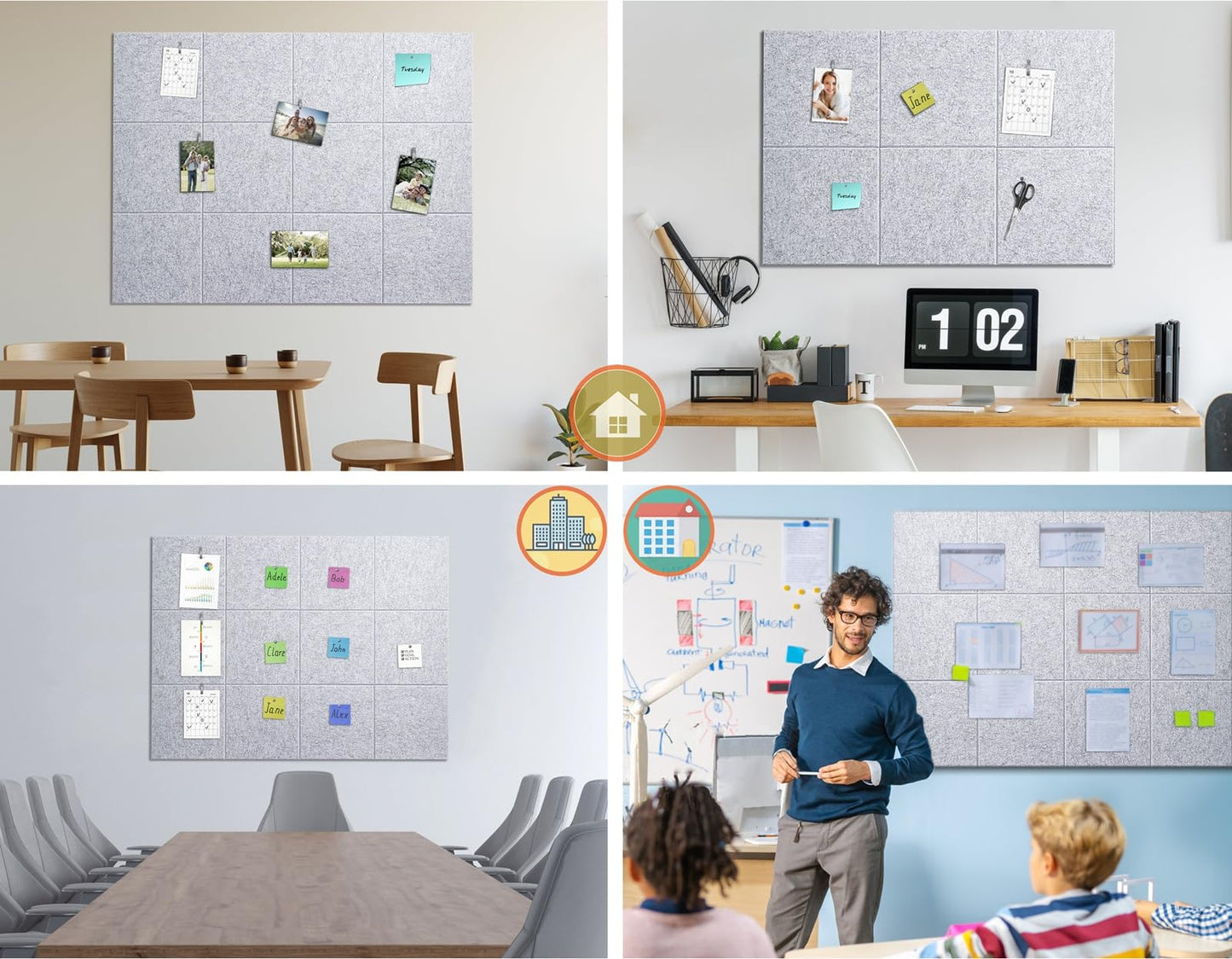 G Gamit Felt Wall Tiles Bulletin Board Large Cork Board Alternative 6 Pack 11.81”x11.81”x0.47” Felt Pin Board Tack Board with Safe Removable Adhesive Tabs for Home Office School 36x24 (Silver Grey)