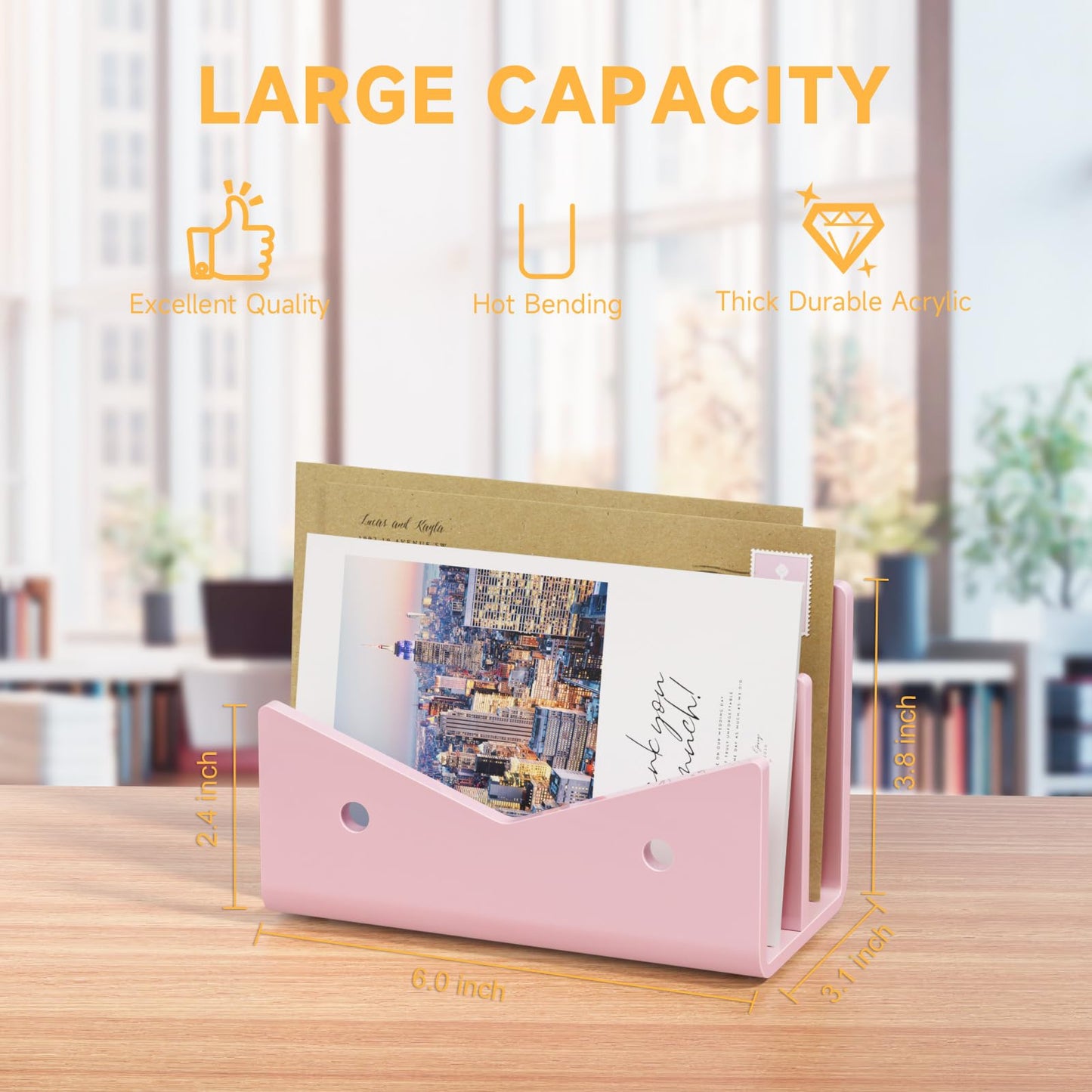 Rulyyo Mail Organizer Envelope Holder - 2 Compartments Pink Acrylic Mail Holder Countertop Vertical Desk Organizer Small File Bill Document Notebook Letter Sorter for Home School Office Supplies
