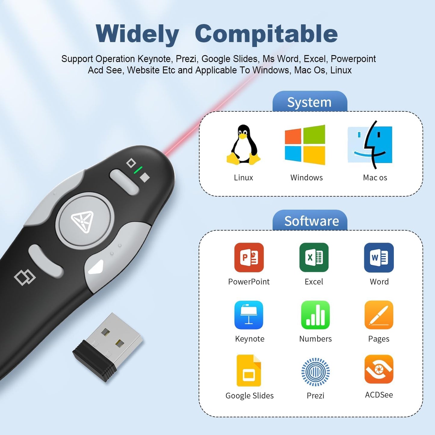 QUI 4Pack Wireless Presenter PowerPoint Clicker, RF 2.4GHz USB Presentation Clicker for Google Slides, Keynote, Mac, Windows