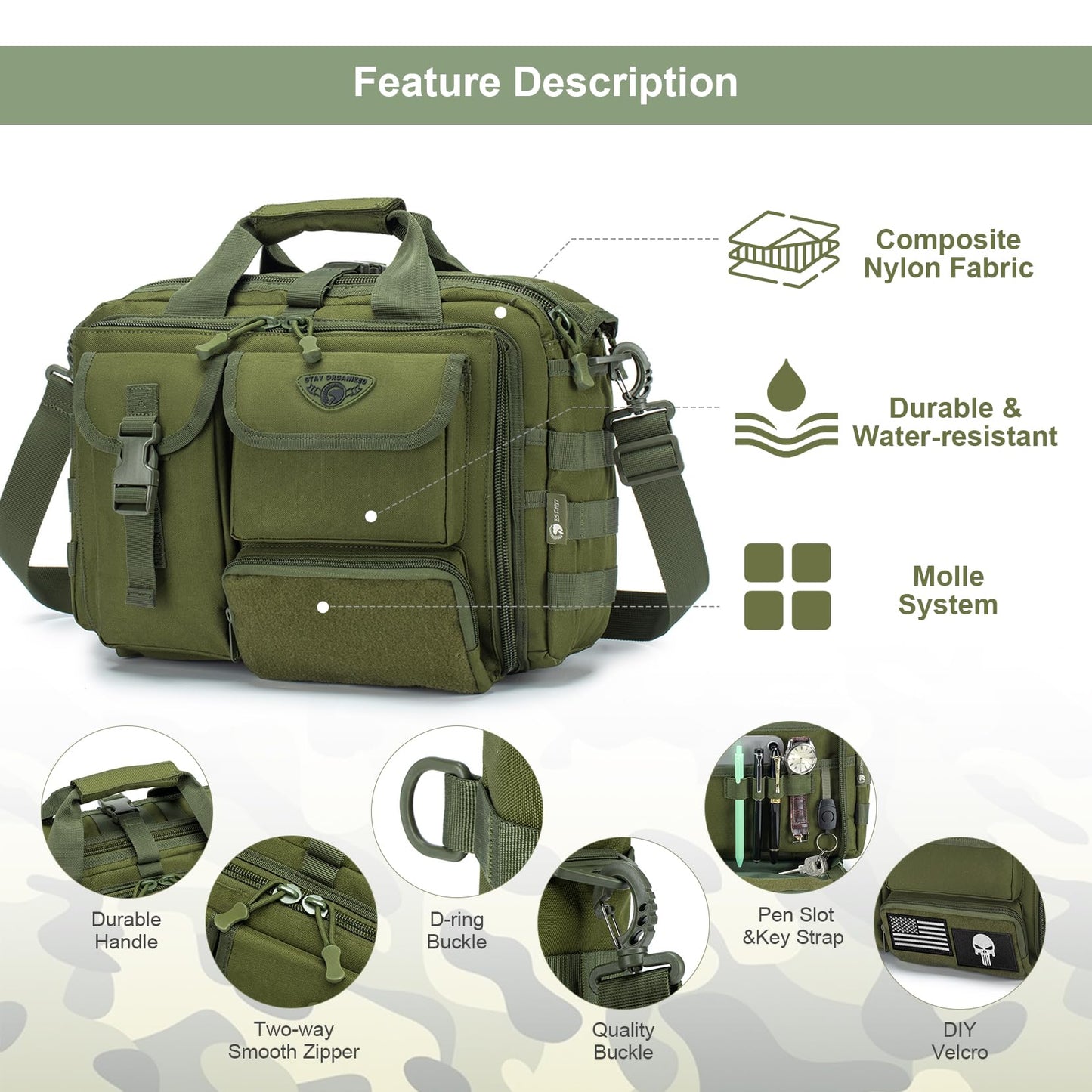 Stypos Tactical Messenger Bag, 15.6/17.3 Inch Tactical Briefcase for Man Military Laptop Bag Messenger Shoulder Bag (Green)