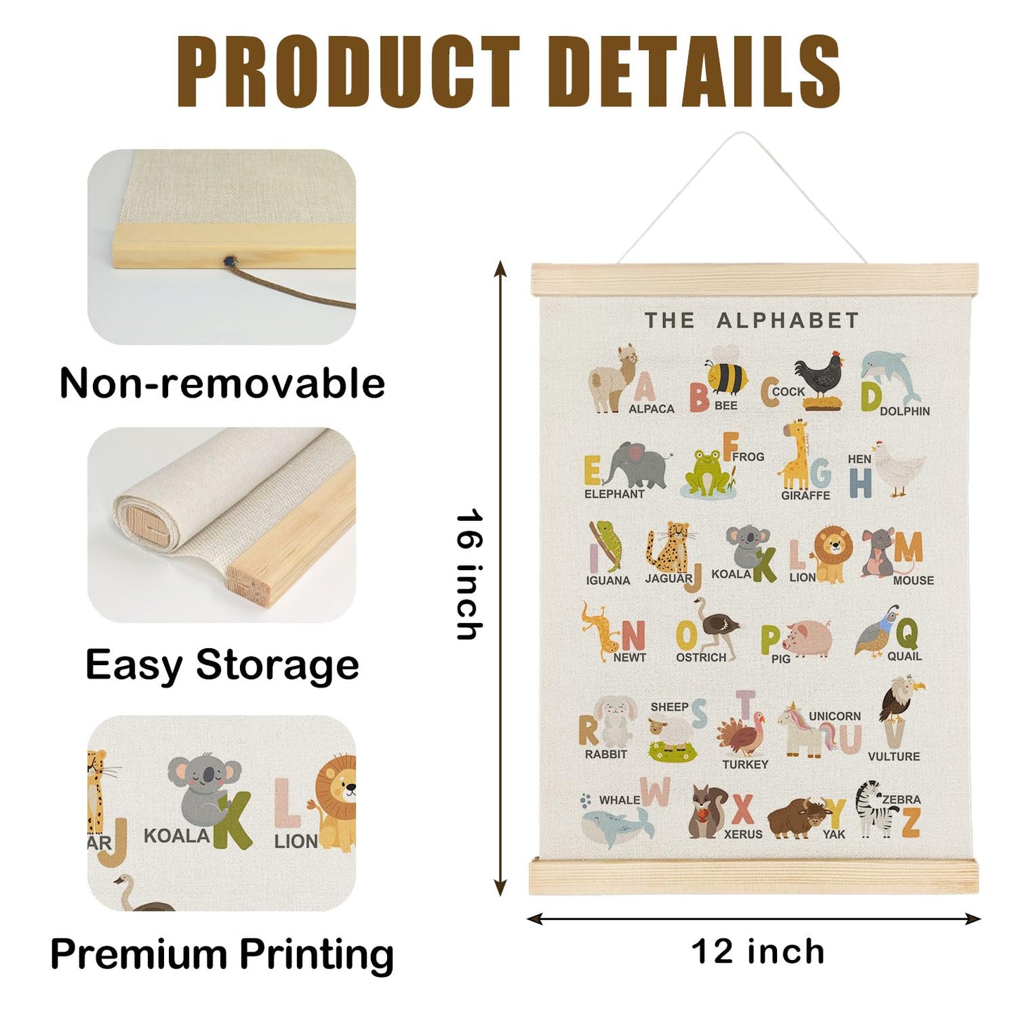 Nrleey Animal Alphabet Toddler Room Wall Art Poster Hanger, Animal Nursery Decor, ABCs Educational Posters Wall Decor for Kids Room Nursery Playroom Classroom Home, 12x16 Inch
