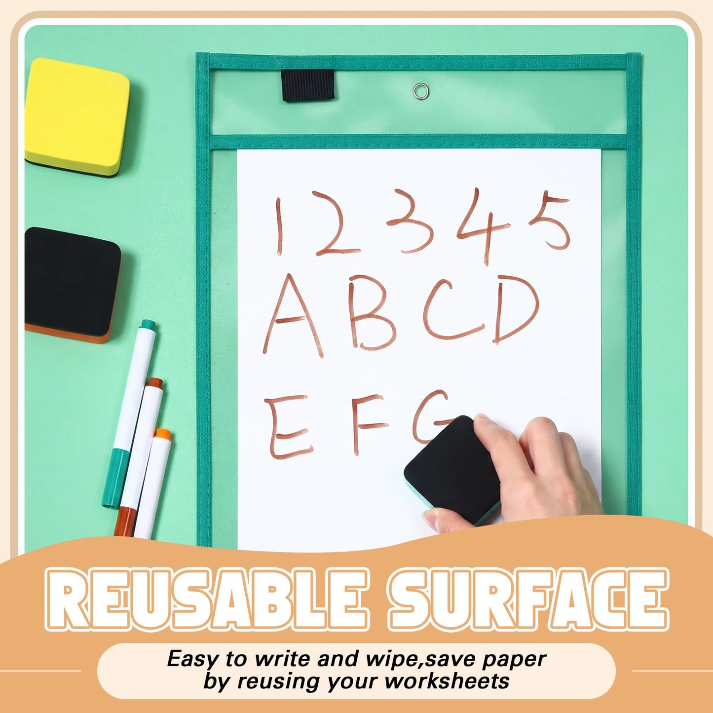 Watersay 24 Pcs Dry Erase Pocket Reusable Sleeves 10" x 14" Clear Plastic Sheet Protectors with Markers and Mini Dry Erasers for Paper(Boho)