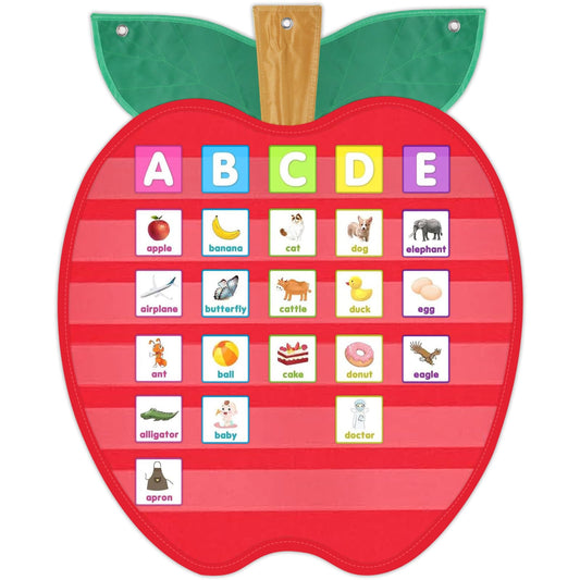 Large Pocket Chart for Classroom, 27 ½＂x 33 ⅞" Apple Shaped Hanging Pocket Charts for Kids, Back to School Supplies for Teacher, Pocket Charts with 6 Sentence Strips Holder (Red)
