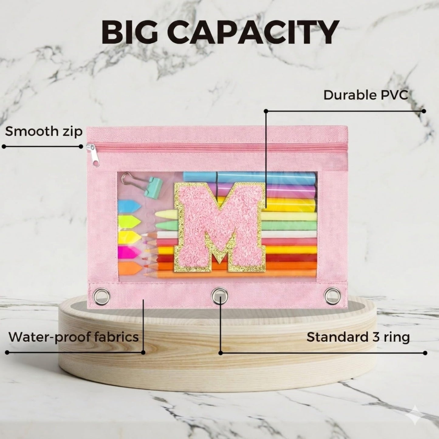 TOPWOOZU Personalized Pencil Pouch for 3 Ring Binder,Initial M Stationery Bag with Clear Window, Large Capacity Oxford Cloth Binder Pouches for Girls School Art Supplies, Pink 2 Pack