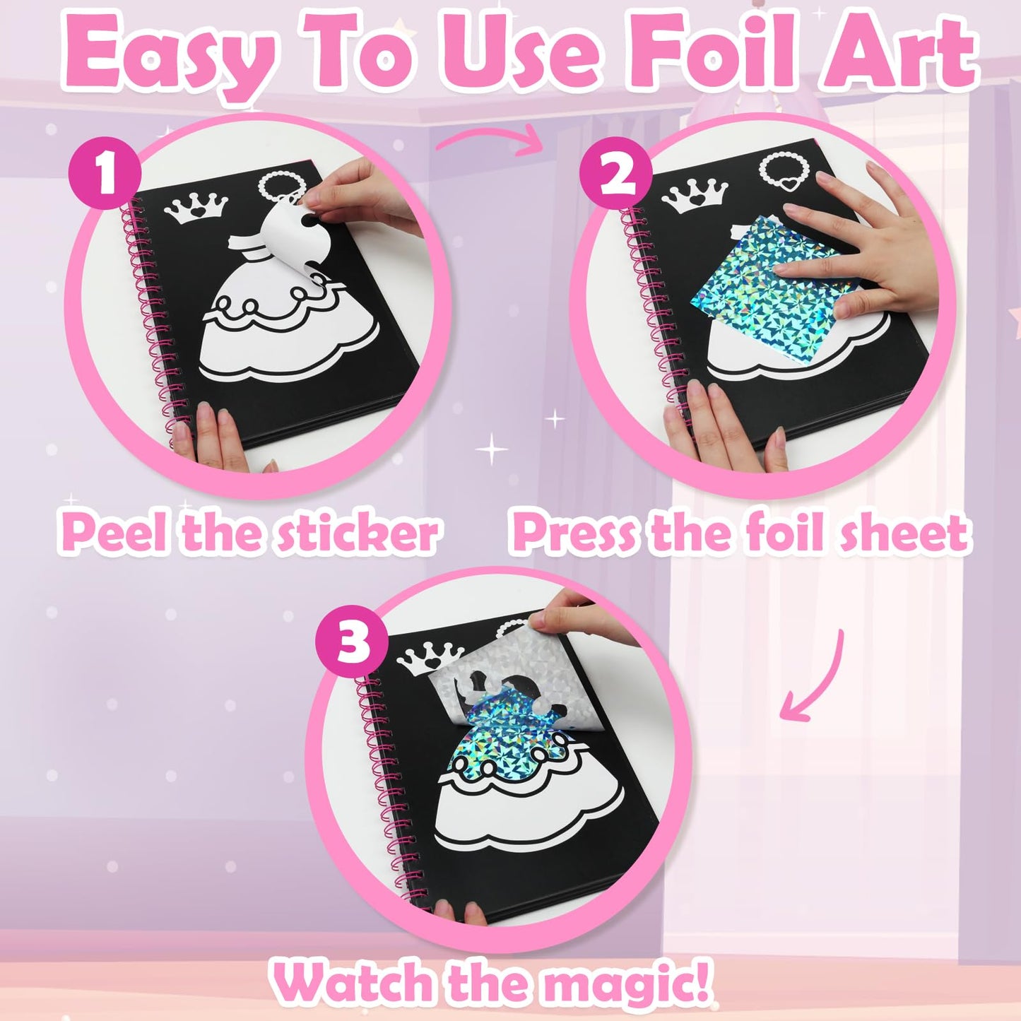 FUNNYB&G Foil Art Craft Kit for Girls 4-10 Years Old: Mess-Free & No-Glue, Create 16 Sparkly Dress Up Pictures – Perfect Travel Toy & Birthday Gift for Kids (Dress Up)