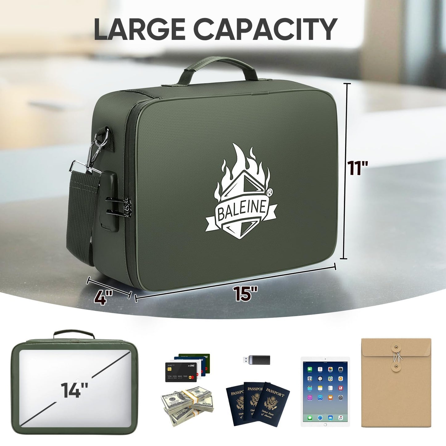 BALEINE Fireproof Document Box with Lock, Portable Fireproof Document Bag Waterproof Fire Proof File Boxes for Documents, File Organizer Box for Important Paperwork (Green, 15''x11''x4'')