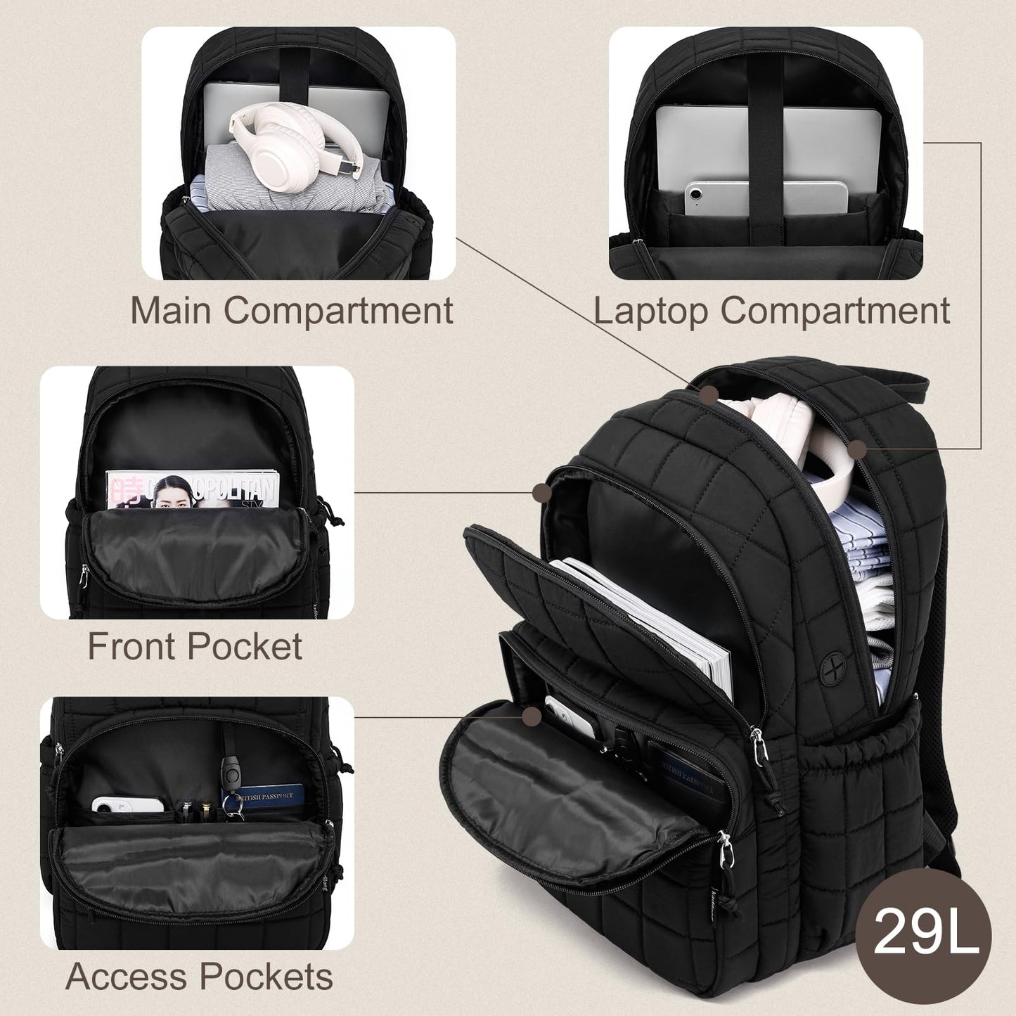 kadilong Laptop Backpack for Women College Travel,Quilted Daypack Bookbag for School Teen Girls Mochilas Mujer,Black