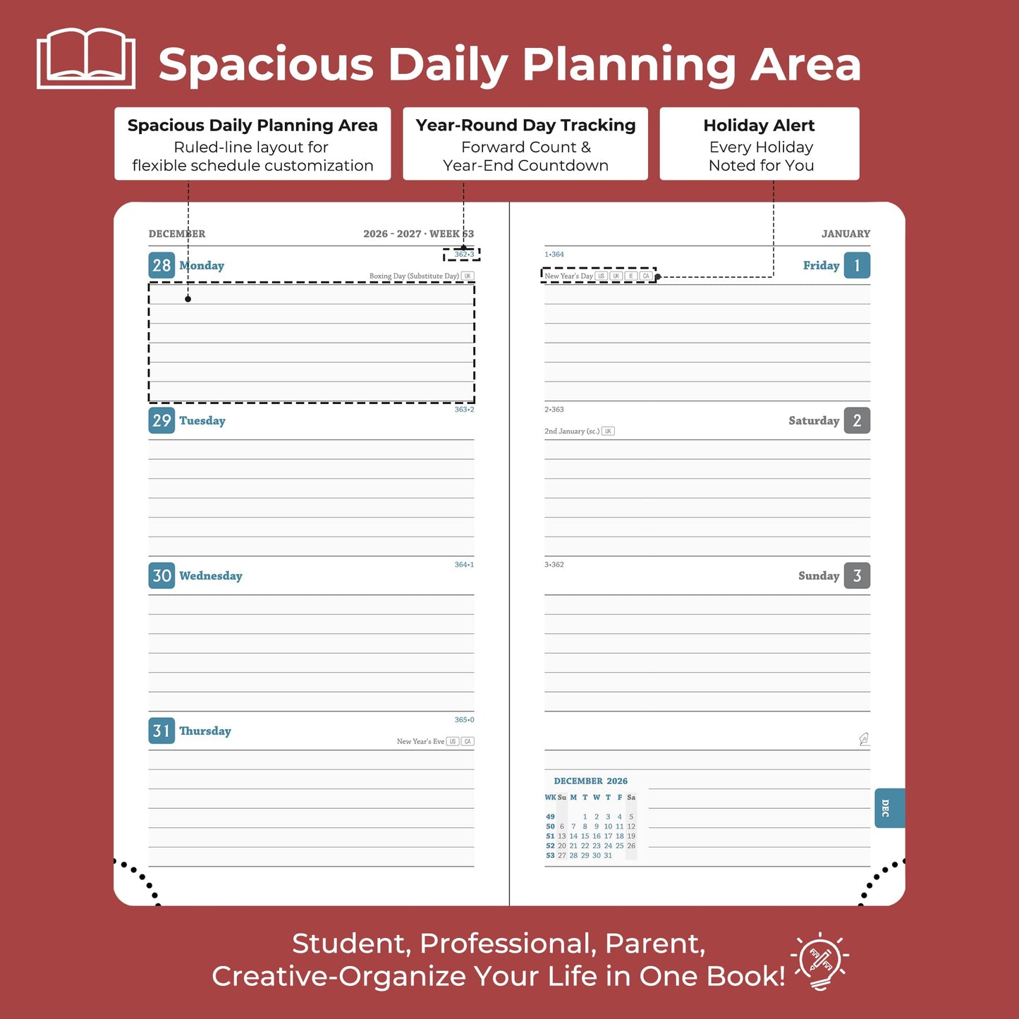 IN-LUXPRO Planner 2026-2027 Daily Weekly and Monthly,6.5"x3.75",18 Months Spiral Bound Calendar Agenda with Self-adhesive Pen Holder,2026 Academic Plan with Vegan Leather Soft Cover,Red