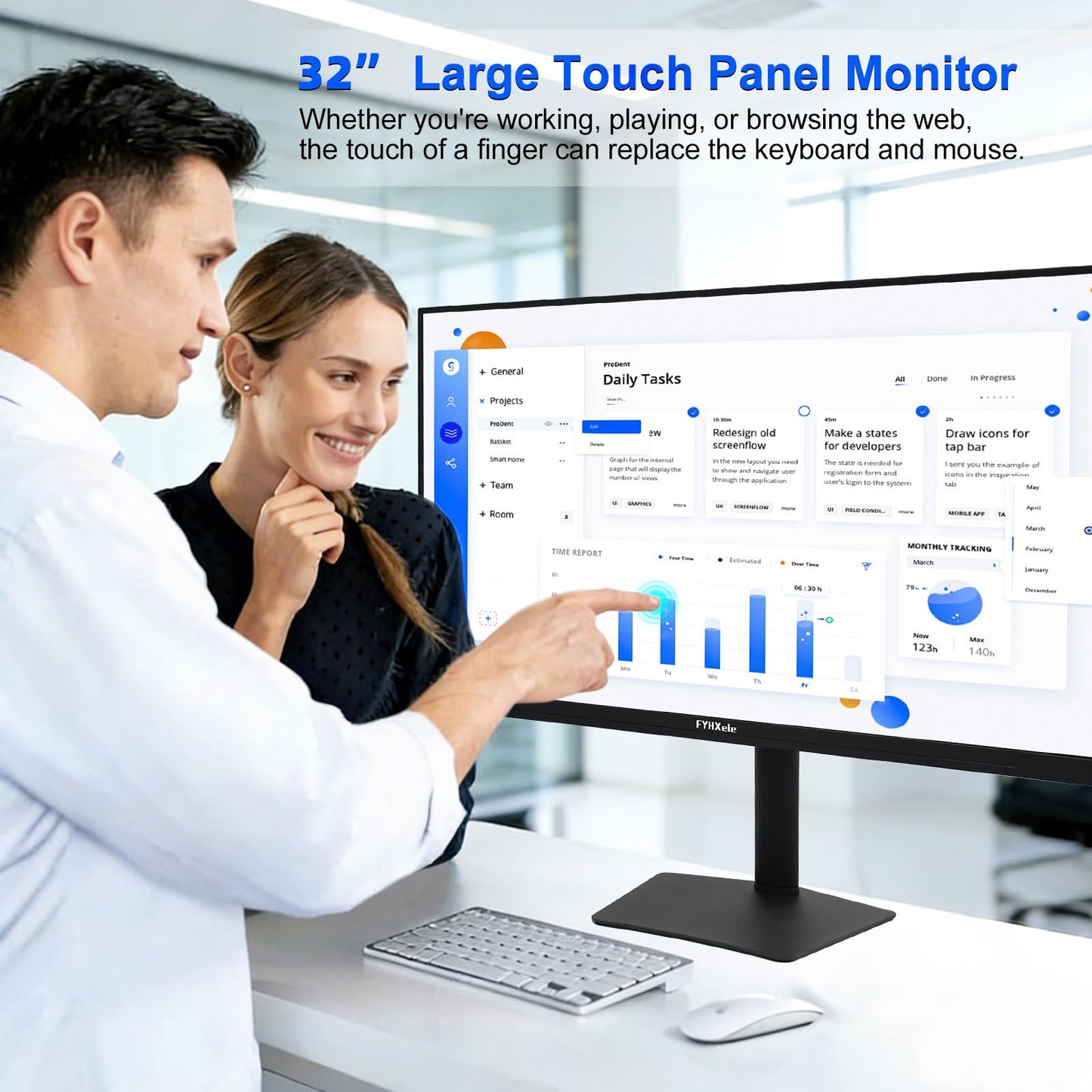 FYHXele 32 Inch Large Touchscreen Monitor QHD 1440P 100Hz,USB-C, HDMI, Displayport,Height/Swivel/Tilt/Rotating Adjustable Stand, IPS Multi-Touch PC Monitor for mall, Office, Gaming