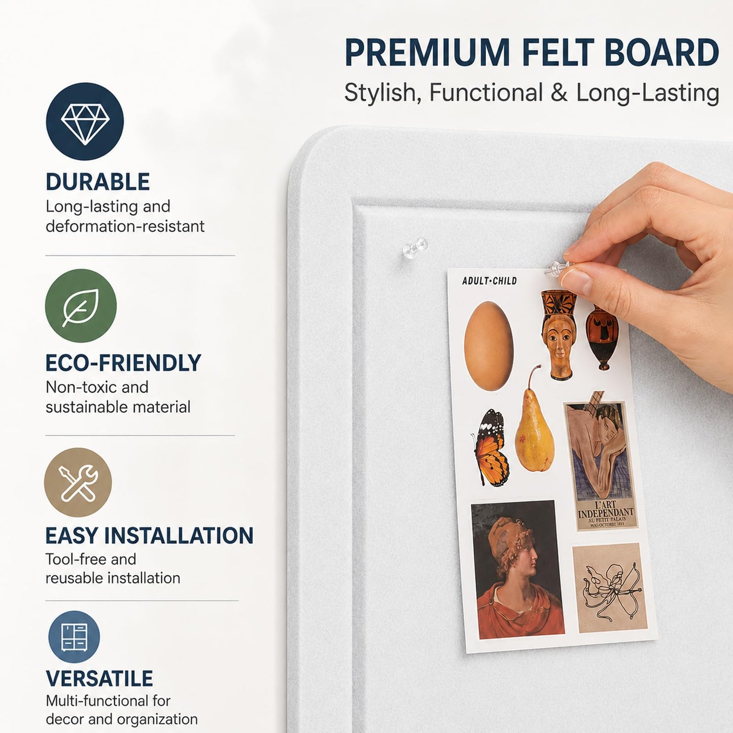 Felt Bulletin Board for Wall 24" x 18" Unfolded Size, Small Frameless Felt Pin Board, Soft Cork Board Alternative for Office, Home Planning, Notes, Photos & Wall Decor, Foldable Shipping, Easy Install