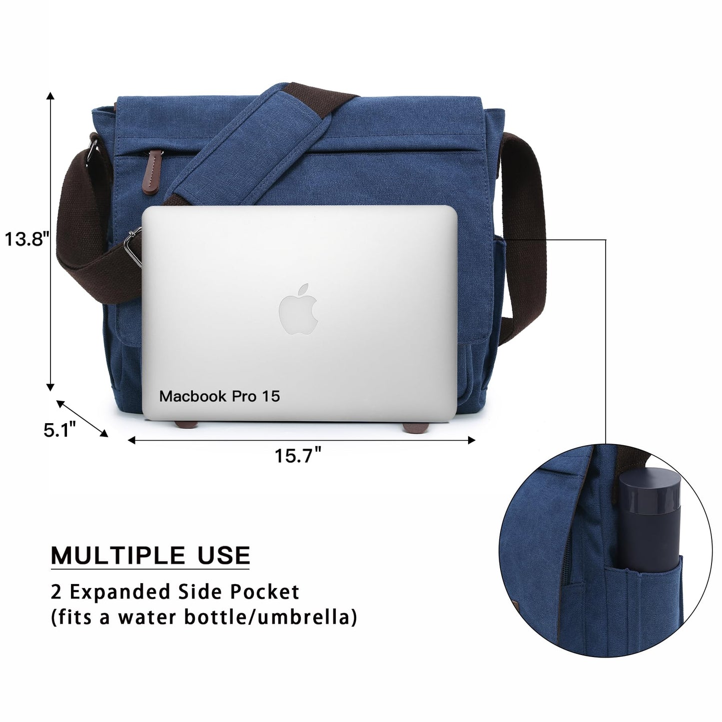 Dasein Large Vintage Canvas Messenger Shoulder Bag, Jean Blue, 15in Laptop