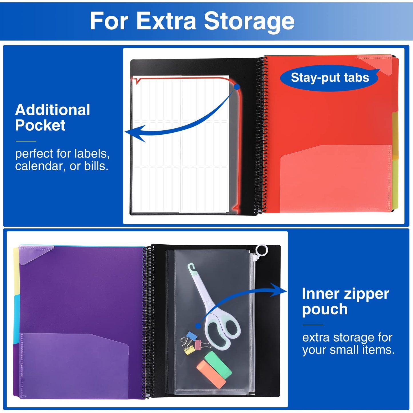 Forvencer 24 Pocket Project Organizer, 1/3-cut Tab Binder Organizer with Sticky Labels, Multi Pocket Folder with Zipper Pouch, Folder Binder Spiral Pocket Notebook, Office Supplies
