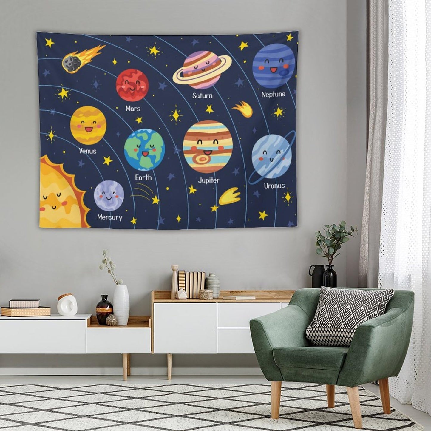 DDCBNS Cartoon Solar System Tapestry for Kids Boys Girls,Cute Outer Space Planet Universe Galaxy Print Tapestry Wall Hanging Home Décor for Study Bedroom Living Room Nursery 80" x 60"