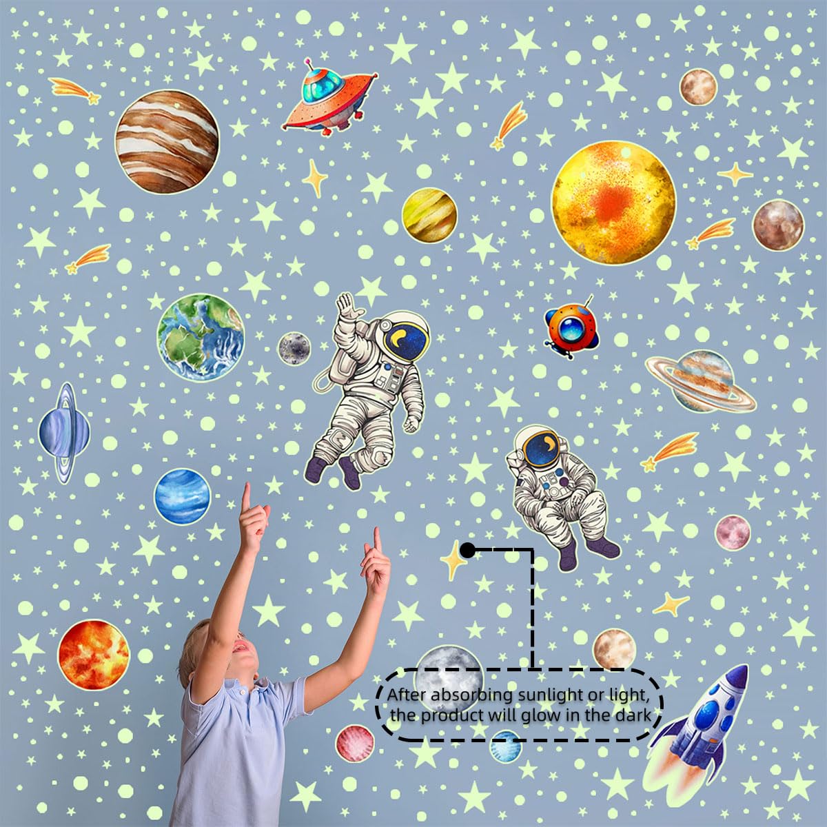 Glow in The Dark Solar System Wall Stickers 5 Sheets Bright Astronaut Planet Star Rocket Decals Peel and Stick Clings for Kids Room Bedroom Decoration
