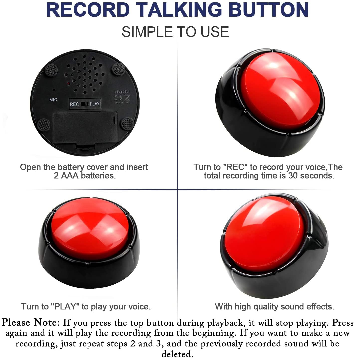 Recordable Button Voice Recording Button 30 Seconds Recording Talking Button Easy Buttons Recording Buttons for Classroom Dog Buttons for Communication Study Practical Jokes
