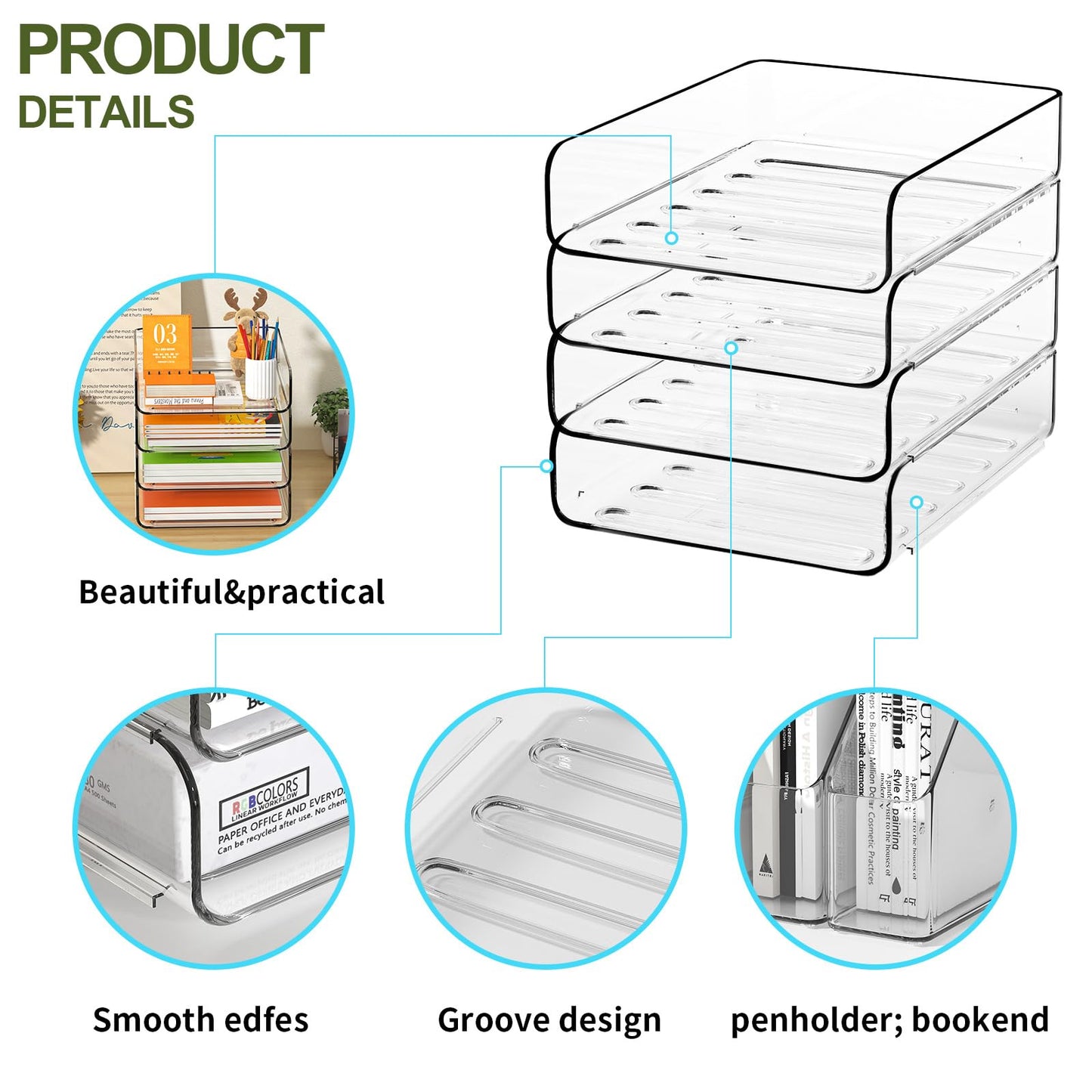 FANXIYQ 4-Tier Acrylic Paper Tray Organizer, Clear Stackable Desk File Organizer for Documents, Files, Letters, A4 Paper, Books, Notes, Mail & Paper Storage, Office Classroom Home