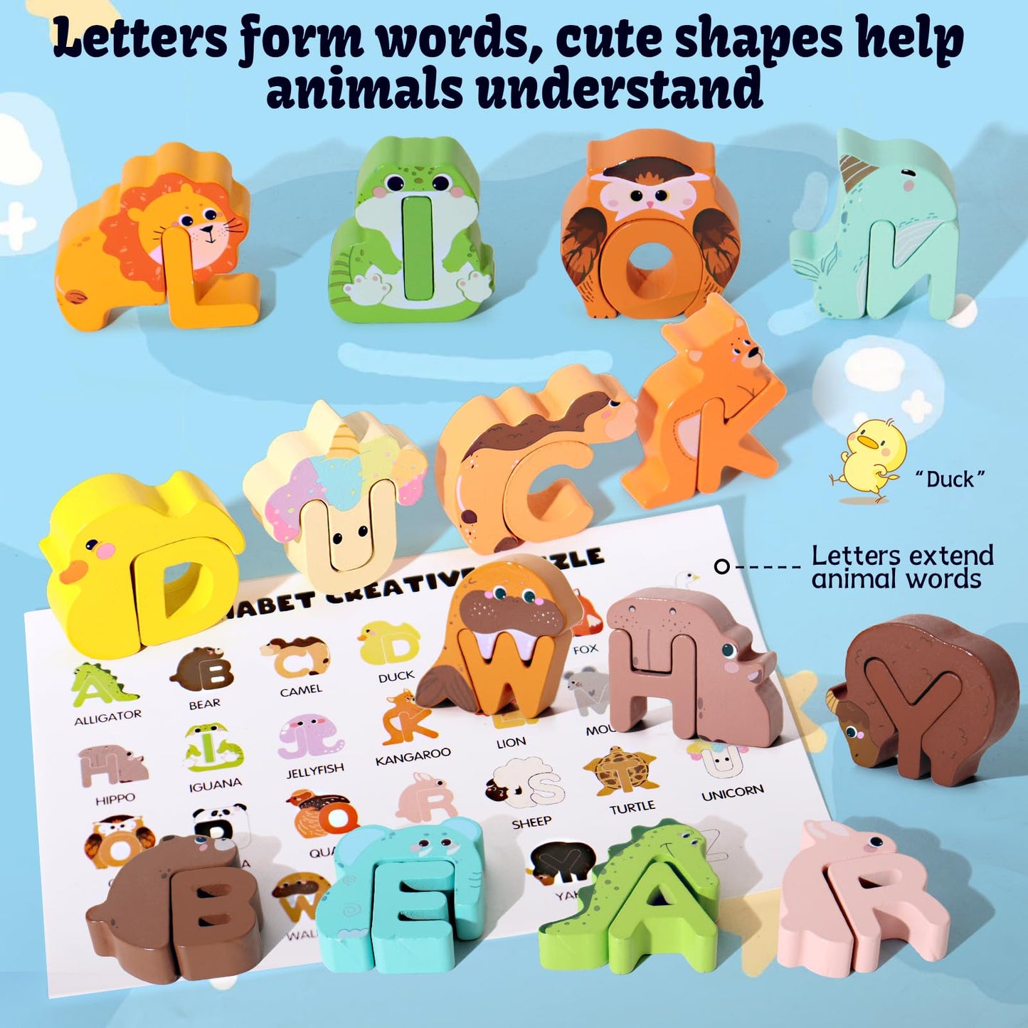 52 Pieces Matching Game, Wooden Alphabet Animal Puzzles for Toddlers, ABC Peg Puzzles for Kids Ages 3-5, Preschool Learning Activities Toys