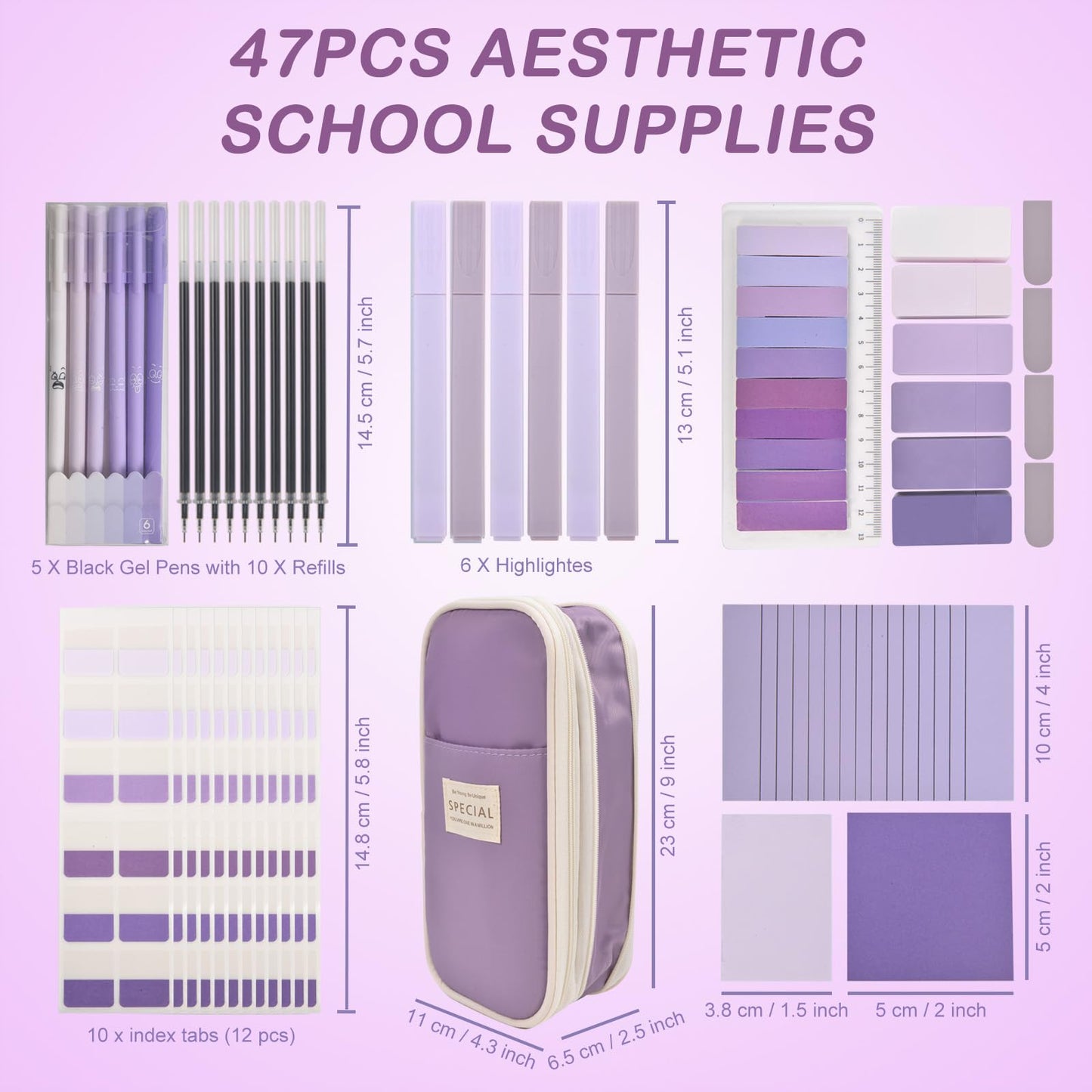 ChezAbbey 47Pcs Aesthetic School Supplies with Pencil Pouch - Cute College Essentials Set, Big Capacity Pen Case, Pastel Highlighters, Bible Study Journaling Stationary Kit (Purple)
