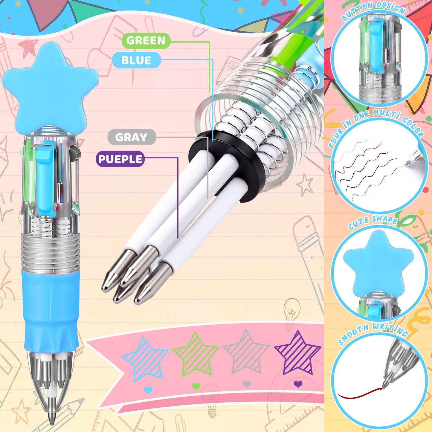 Resurhang 36 Set Back to School Gifts for Student Star 4-in-1 Ballpoint Pen with Motivational Card Clear Gift Bag Star Ballpoint Bulk for First Day of School Party Favor Teacher Rewards Event