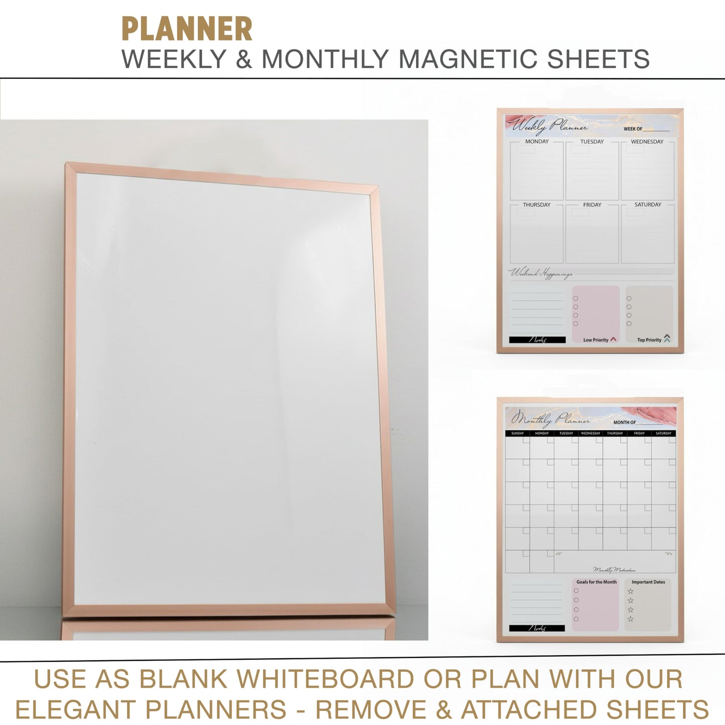 Lulu Office Magnetic Dry Erase Board 12x16 with Foldable Stand, Portable Rose Gold Desktop Whiteboard for Home, Office, School & Kitchen, Includes Weekly & Monthly Magnetic Planner Sheets