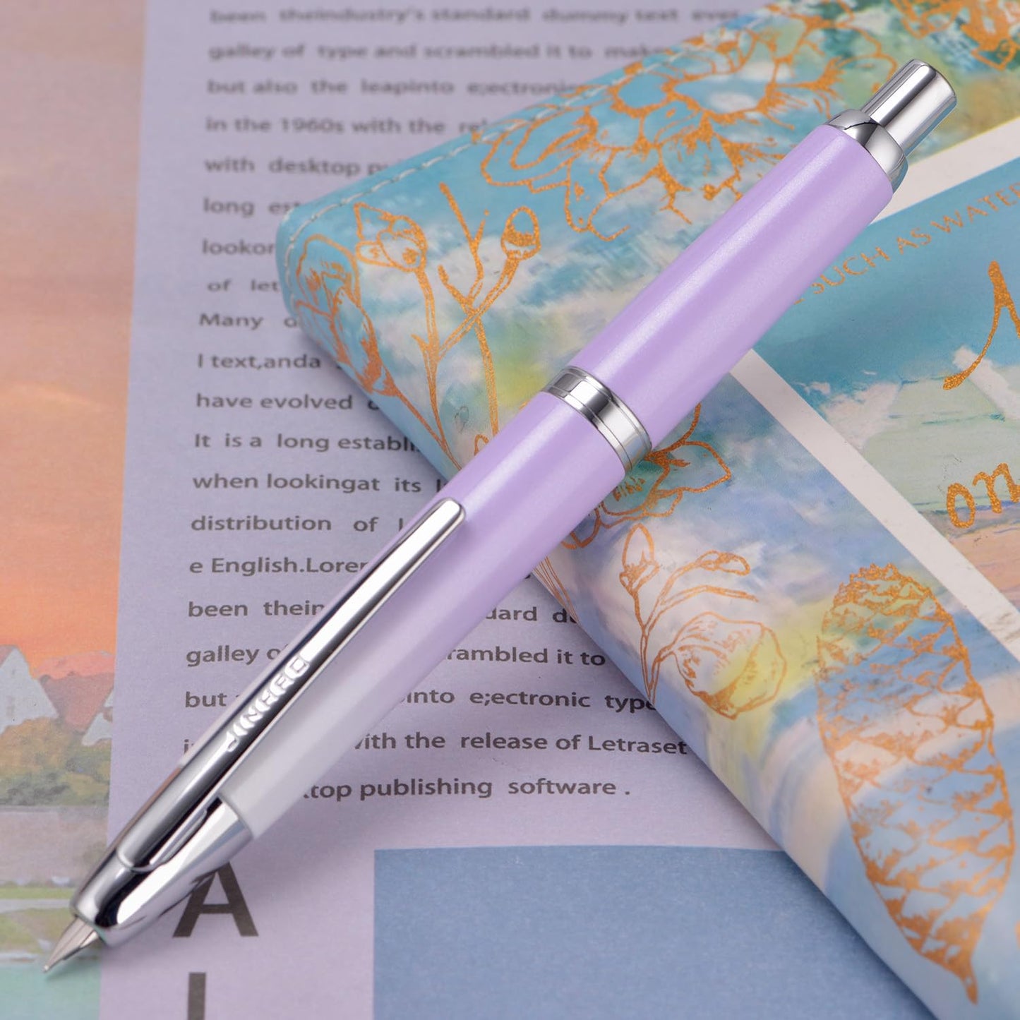 Jinhao 10 Press Fountain Pen with Box, Gradient Light Purple Retractable Extra Fine Nib with Ink Converter Set (Silver Clip)