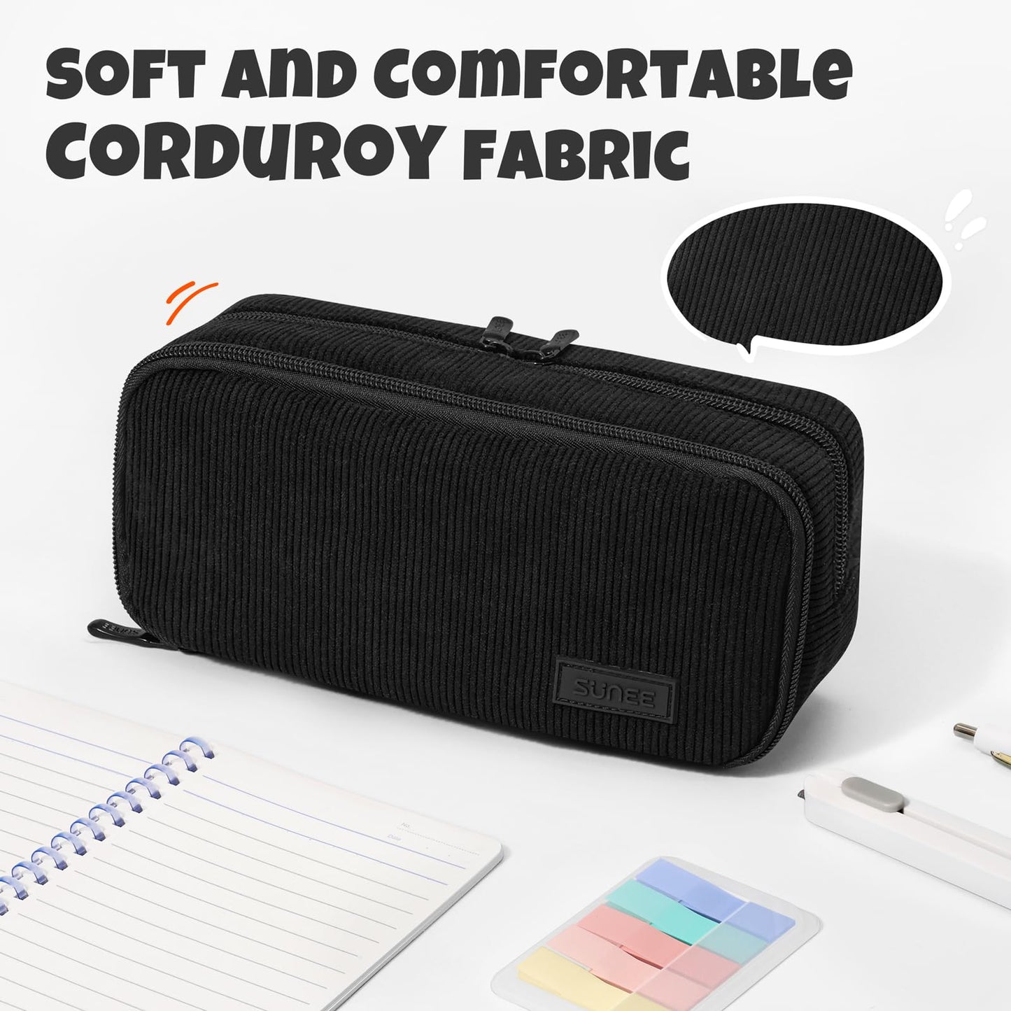 SUNEE Pencil Case, Large Capacity Pencil Pouch, Aesthetic Big Pen Bag, Soft Corduroy Pen Box for Office Stationery Organizer School Supplies Multifunctional for Teen Boys Girls Women Men, Jet Black