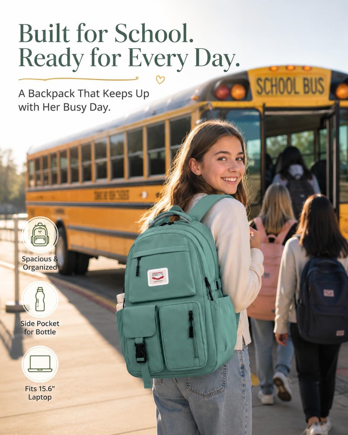 FIORETTO School Backpack for Teen Girls & Women with Compartment, Lightweight School Bag Bookbag with Multiple Pockets, Ideal for Middle High School, College, Travel, Dark Green 25L