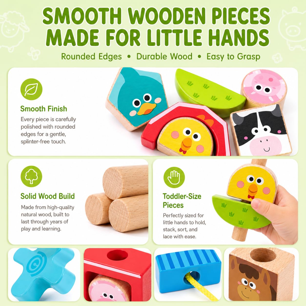 hahaland Montessori Toys for 1 2 3 Year Old, Wooden Farm Stacking & Sorting Toy with Lacing Beads, Shape Cards & Brain Blocks, Toddler Puzzle Activity, Learning Gift for Boys Girls 12 Month+