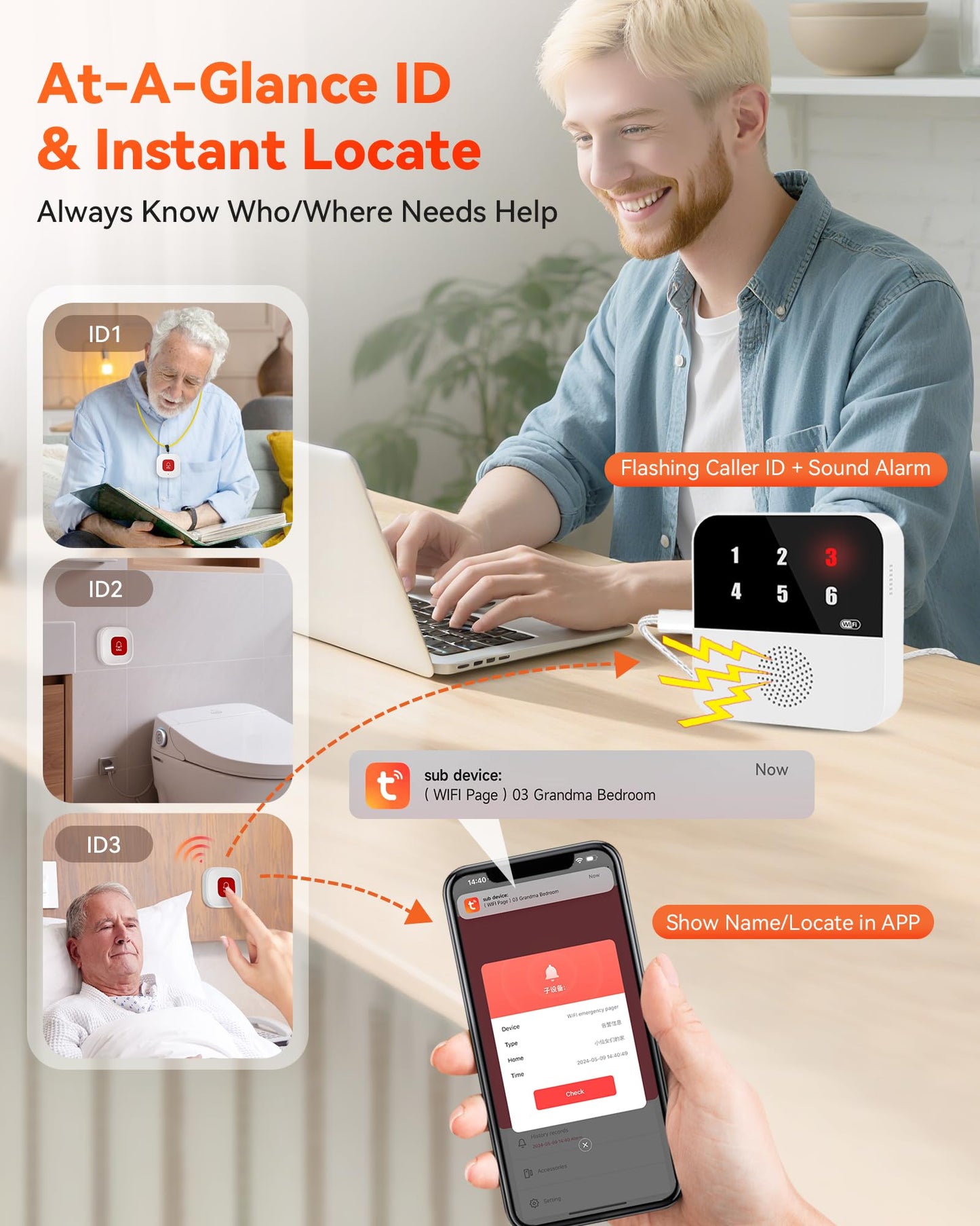 PILSAMAS Wireless Caregiver Call Button System - Dual Hub, Multi-Location Alarm, Dsiplay Caller ID & App Alert, No Monthly Fee, 4 IP65 Panic Buttons, Emergency Alert for Elderly at Home/Nursing Homes