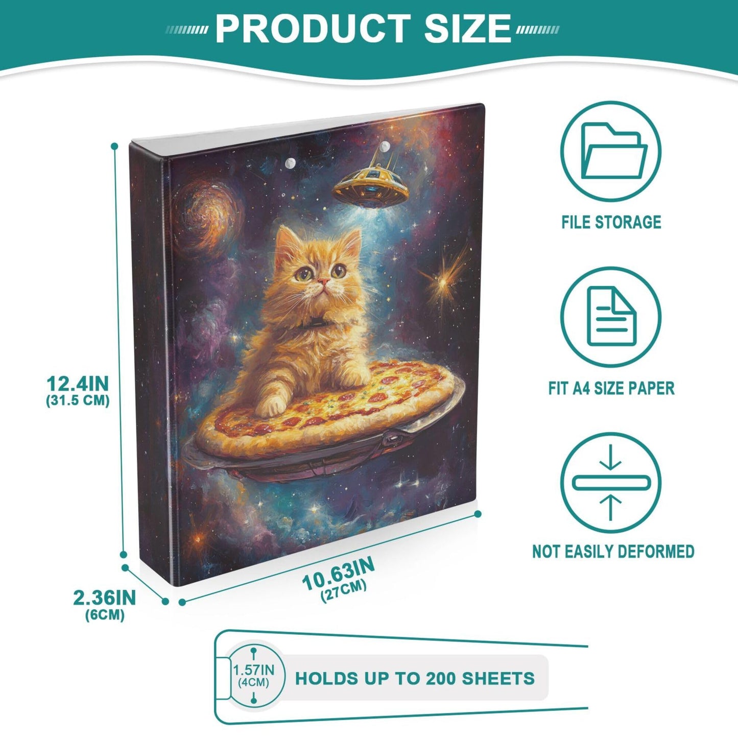 Cat Round Ring Binders 1.5 Galaxy Alien Pizza 3 Ring Clipboard Binder for Office School Work Supplies File Folder 200 Sheet Capacity Easy Open