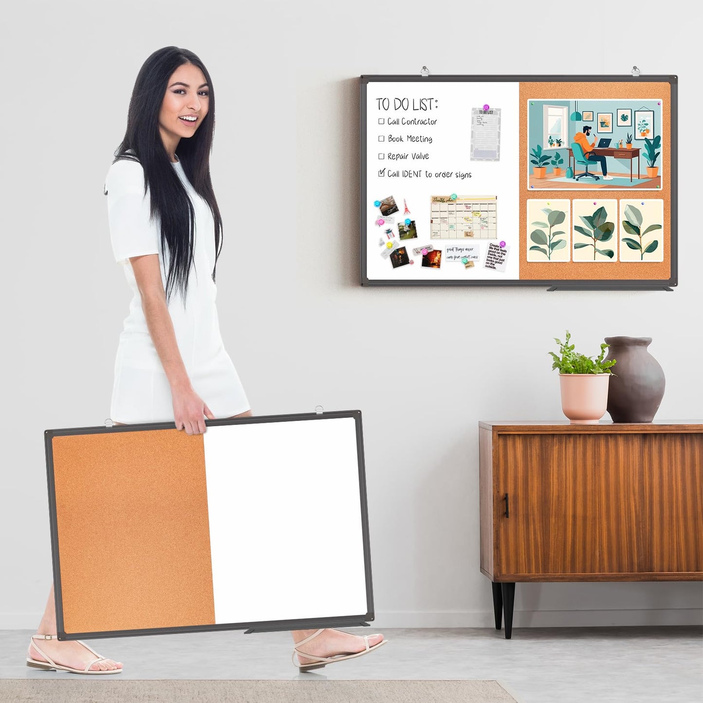 Magnetic White Board and Cork Board Combo, 24 X 18 inches Whiteboard Bulletin Combination Board, Wall Mounted Dry Erase Message Board for Home, School and Office, Black