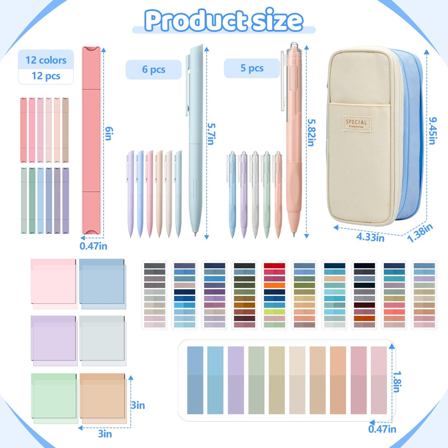 Trandraft 135 Pcs Book Annotation Kit with Pencil Case, 12 Pastel Highlighters, 11 Gel Pens, Fine Marker, 300 Transparent Sticky Notes, 2640 Index Tabs, Bible Study Supplies Kit(Classic,Light Blue)