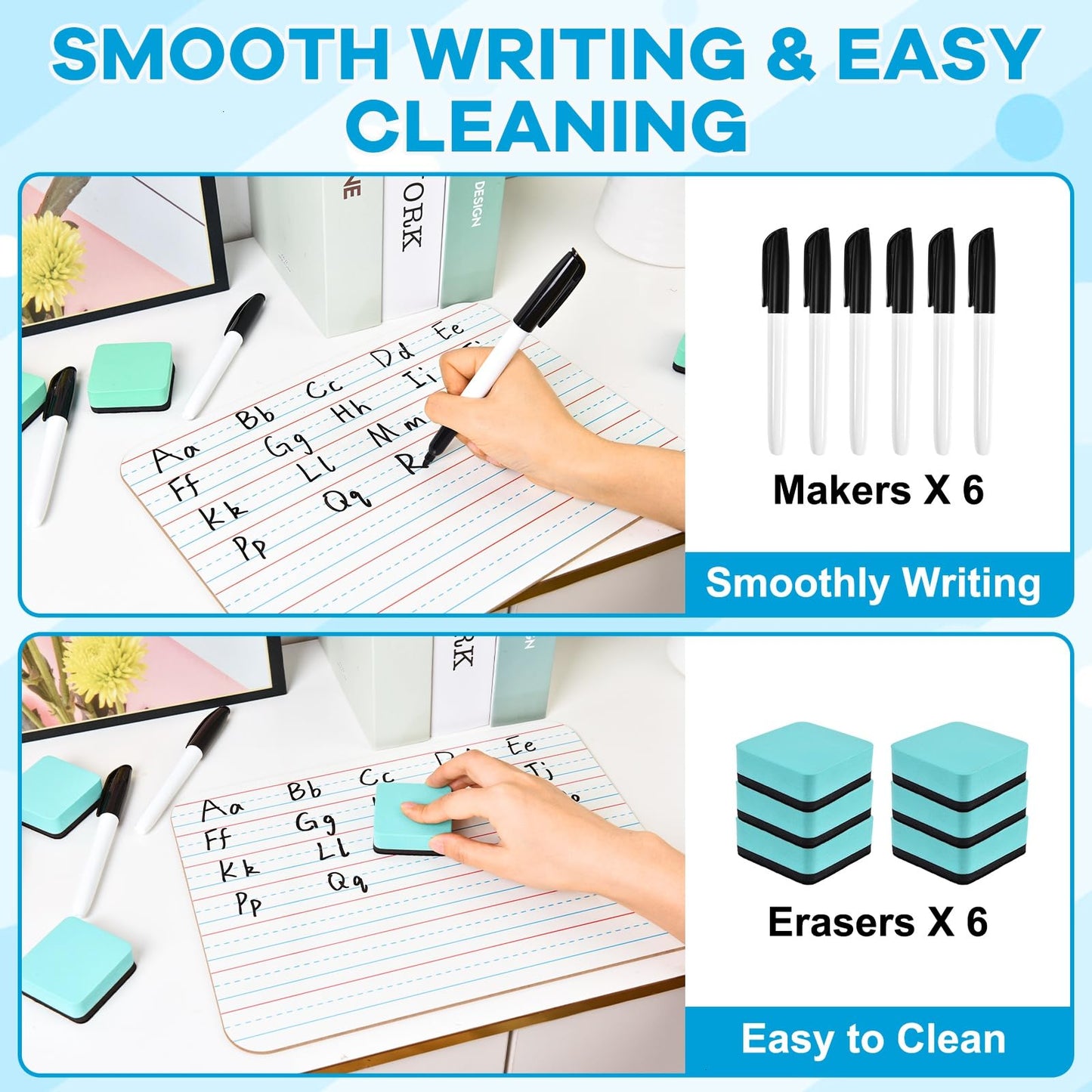 COYMOS 6 Pack Small White Board with Lines 9 x 12 Inch Double Sided Mini Dry Erase Board Classroom Pack Portable Dry Erase Lapboard for Kids Teacher Supplies with 6 Erasers and 6 Markers