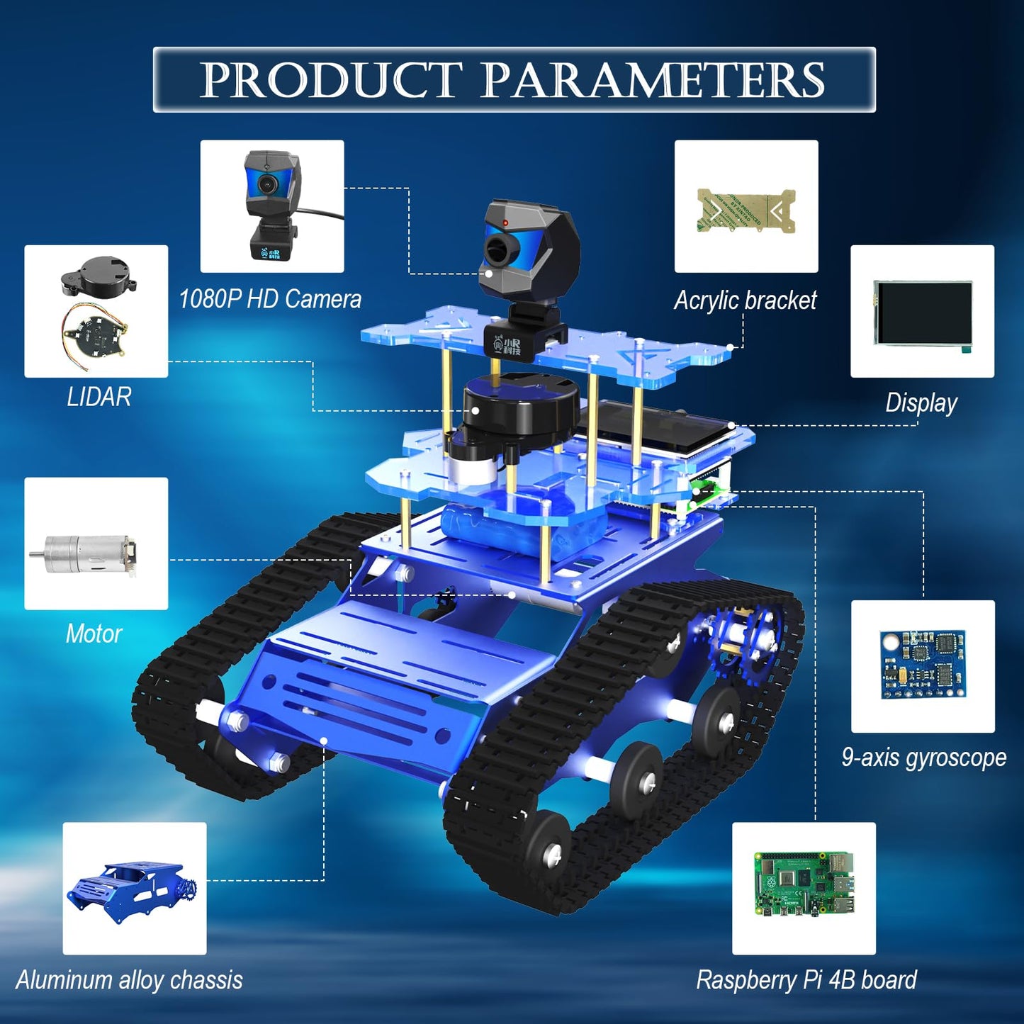 Smart Tank Robot Car ROS SLAM with LIDAR, Aluminum Alloy Chassis, Display, HD Camera, Support SLAM Mapping Navigation and Autonomous Driving (with Raspberry Pi 4B 4GB), AI Tracked Car (Blue)