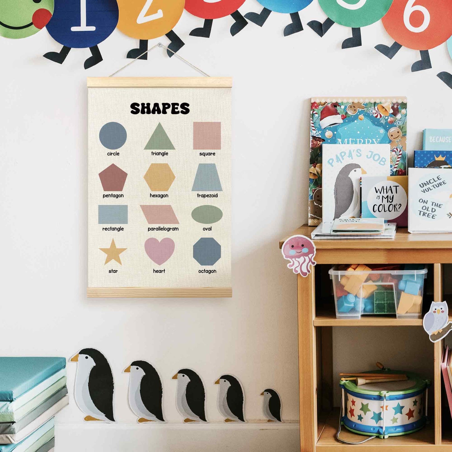 TLESKE Boho Classroom Shapes Chart Poster Hanger Frame, Homeschool Hanging Wall Art Decor for Toddlers Kids Room Nursery Playroom, Preschool Prek Learning Educational Poster Print Banner, 16x24