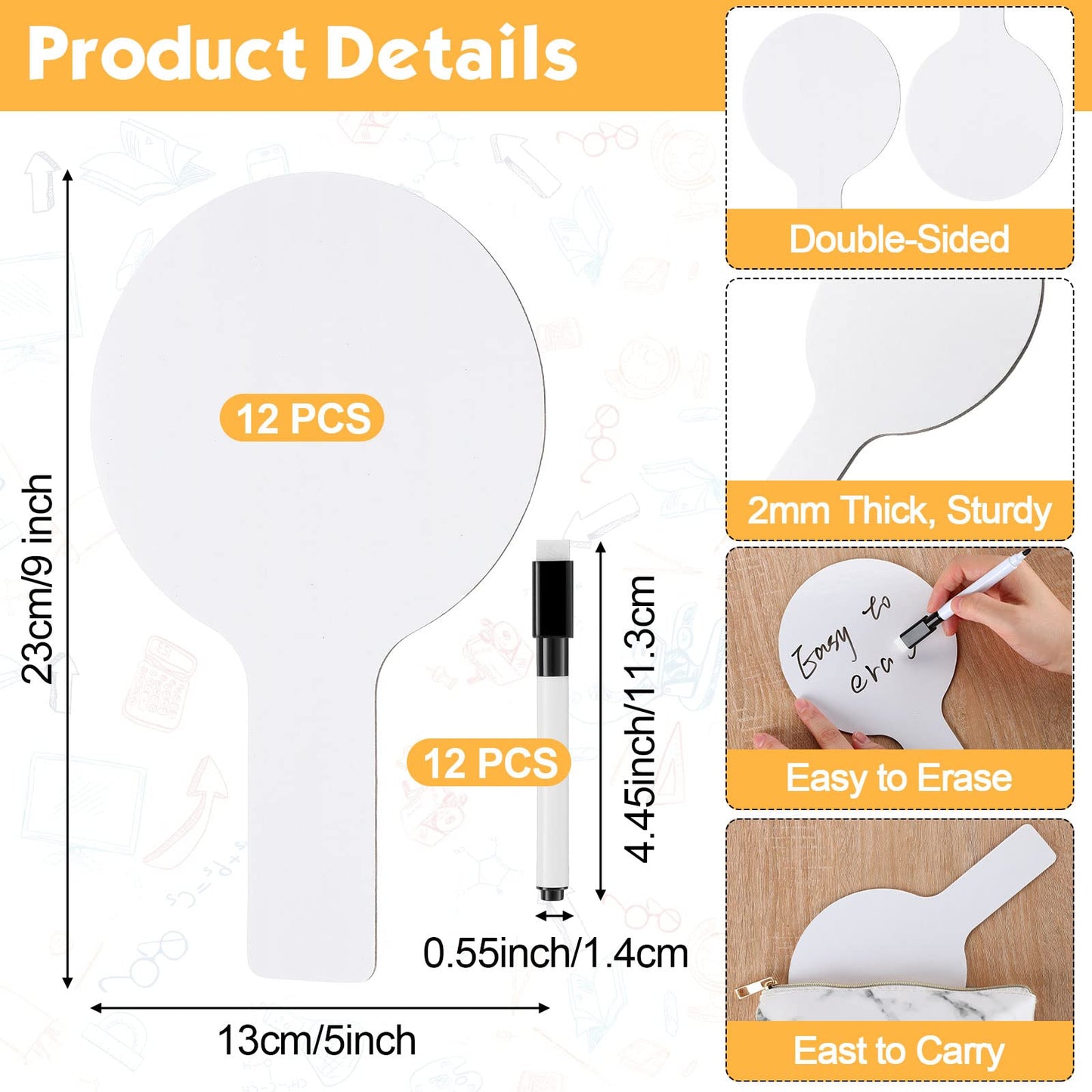 12 Sets 5x9 Inch Answer Dry Erase Paddles and 12 Black Marker Set Handheld Small Dry Erase Board Double Sided Auction Paddles Handheld Whiteboard for Classroom Voting Answering Auction Bidding