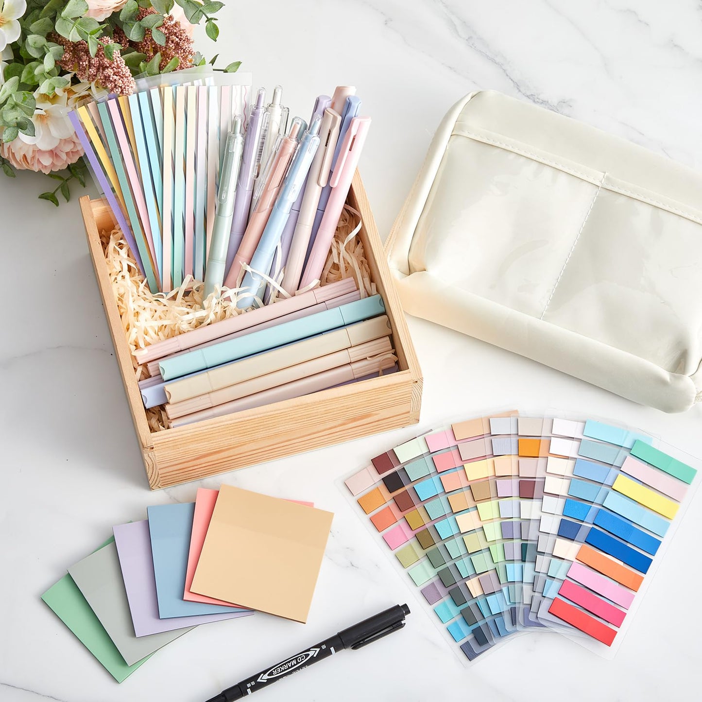 Trandraft 135 Pcs Book Annotation Kit Aesthetic Pencil Case Bag 12 Highlighter 11 Gel Pen 1 Marker 300 Sheet Transparent Sticky Notes Pad 2640 Index Stickers Bible Study Supplies(Kawaii,Beige)