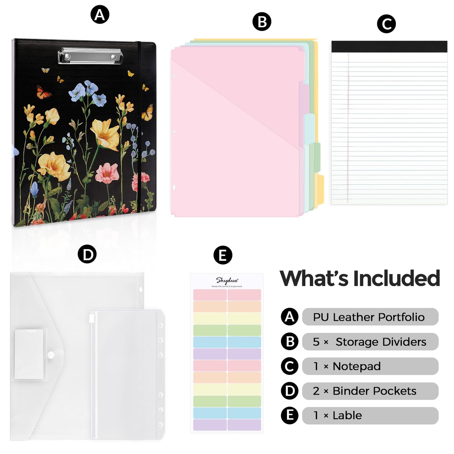 SKYDUE 1 Inch 3-Ring Binder with Clipboard, PU Aesthetic Binder with 5 Dividers, Notepad, Stickers & Pockets for Work and School (Letter Size)
