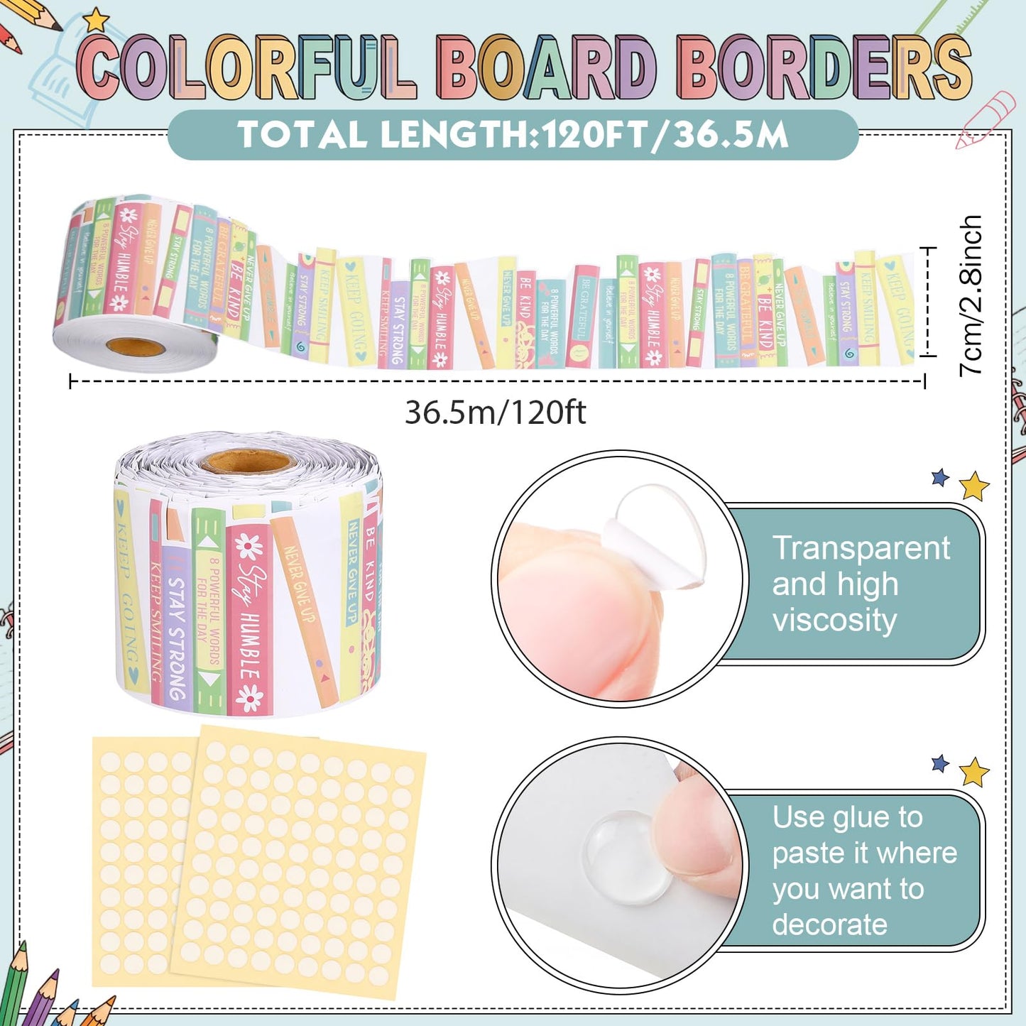 Tenceur 120 ft Bookshelf Border Trim Book Rolled Border Trim Decor Back to School Straight Bulletin Board Set for Library Classroom Poster Board Whiteboard Wall Decoration(Pastel,Fresh)