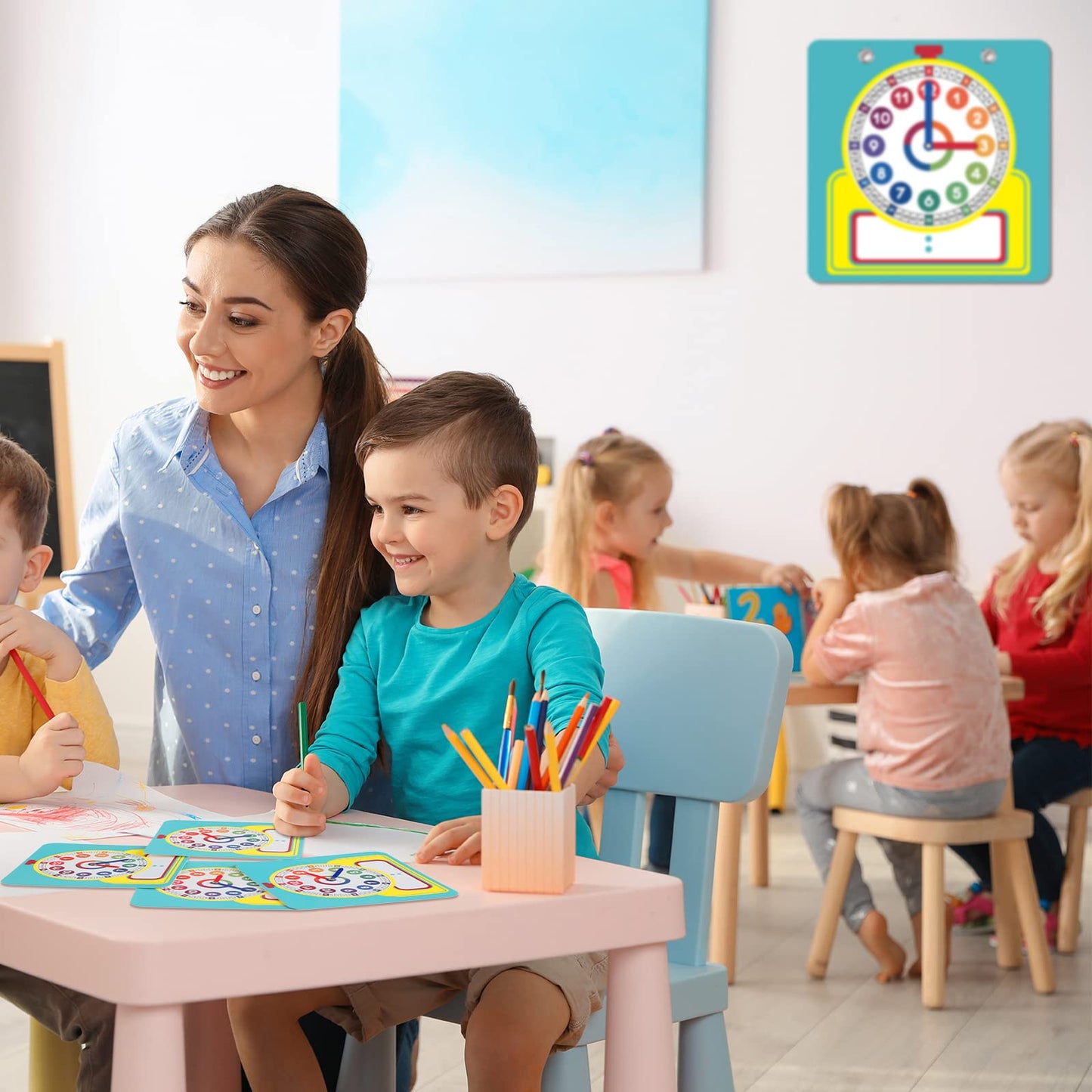 Junkin 25 Pcs Teaching Clock Kit, Learning Clocks for Kids Learning Time with Erasable Surface for Home School Classroom Supplies(Vivid Style)