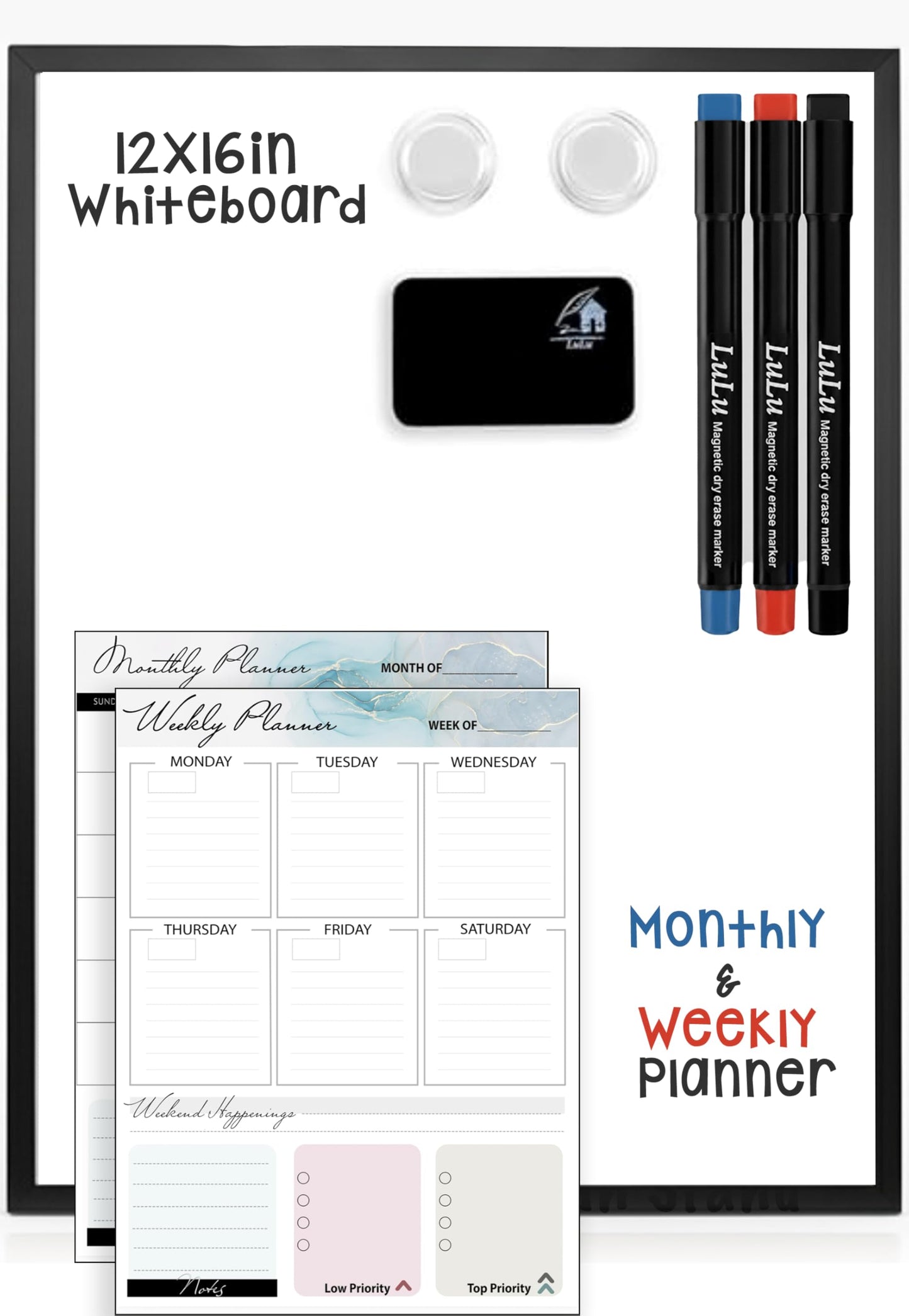 Lulu Office Magnetic Dry Erase Board 12x16 with Foldable Stand, Portable Black Desktop Whiteboard for Home, Office, School & Kitchen, Includes Weekly & Monthly Magnetic Planner Sheets