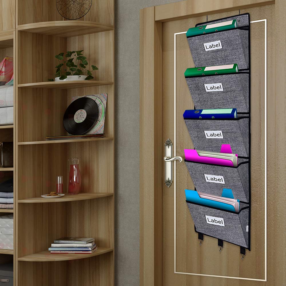 homyfort Over the Door File Organizer Hanging File Folders, Wall Organizers and Storage for Mail, Magazine, Notebooks, Planners, Office, Classroom, 5 Extra Large Pockets (Black with Pattern)