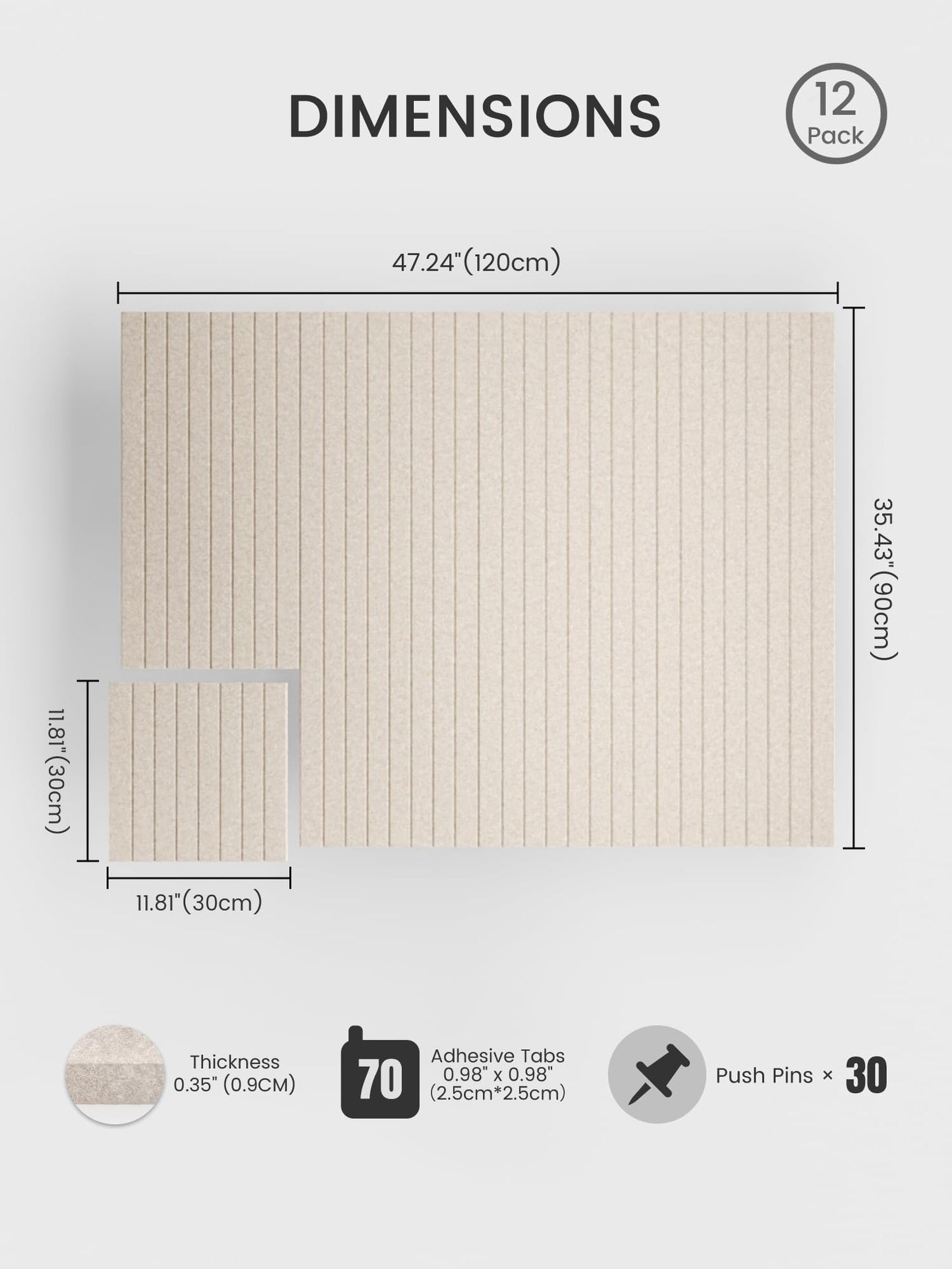 Bumusty Large Cork Board Alternative-48 x 36" Felt Bulletin Board Tiles, with 30 Pushpins, 70 Adhesive Tabs, Fine-Stripe 12-Pack, Cork Boards for Office Push Pin Board Felt Board-Oatmeal