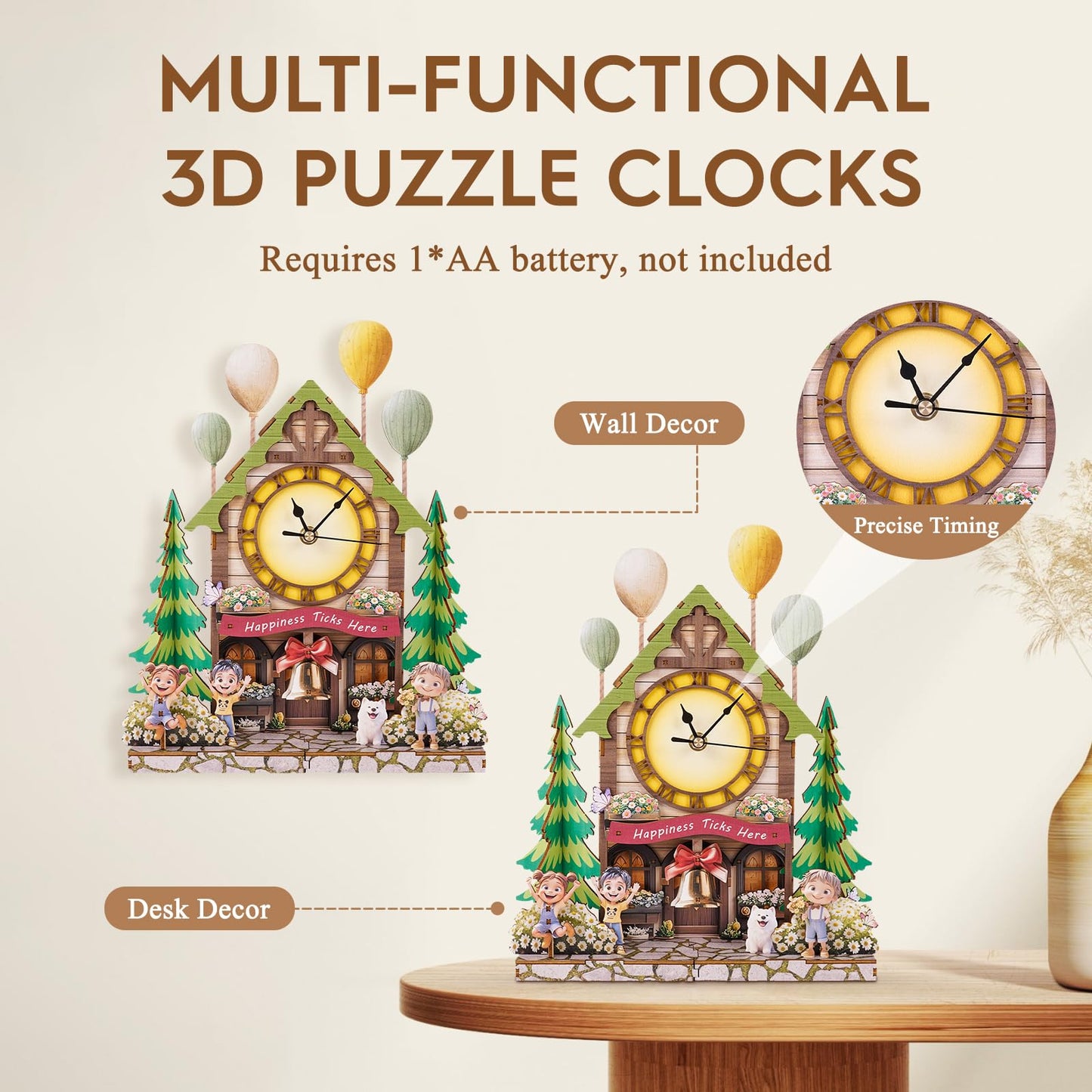 3D Puzzles for Adults Wooden Clock-Balloon Treehouse Model Kit, Mechanical DIY Pendulum Clock with Roman Numerals-Home Wall Decor, Birthday Christmas Day Gift for DIY Lovers
