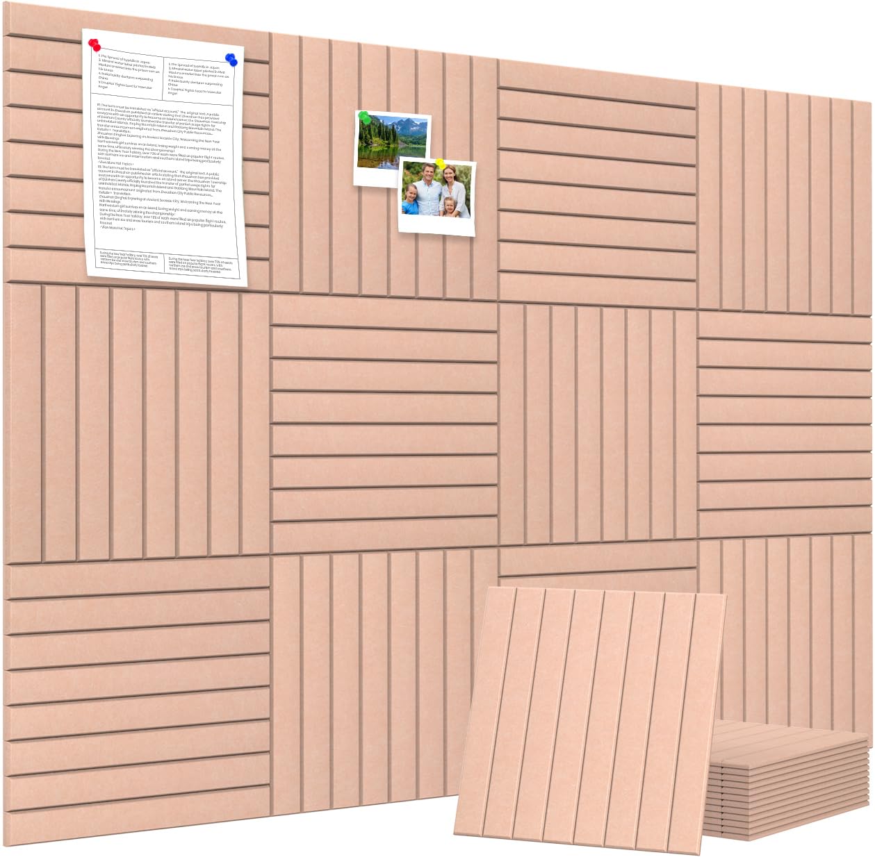 Large Cork Board Alternative 48” X 36” Felt Bulletin Board Tiles, with 30 Pushpins, 60 Adhesive Tabs,12-Pack Slat Wall Paneling, Cork Boards for Office Push Pin Board Felt Board - Pink