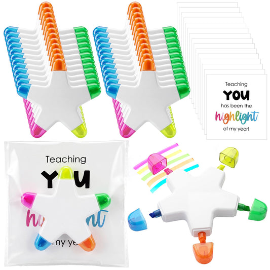 Resurhang 24 Set Back to School Gift for Student 5-in-1 Star Multicolor Highlighters with Encouragement Card Clear Gift Bag Star Pen Bulk for First Day of School Party Favor Classroom Testing Rewards