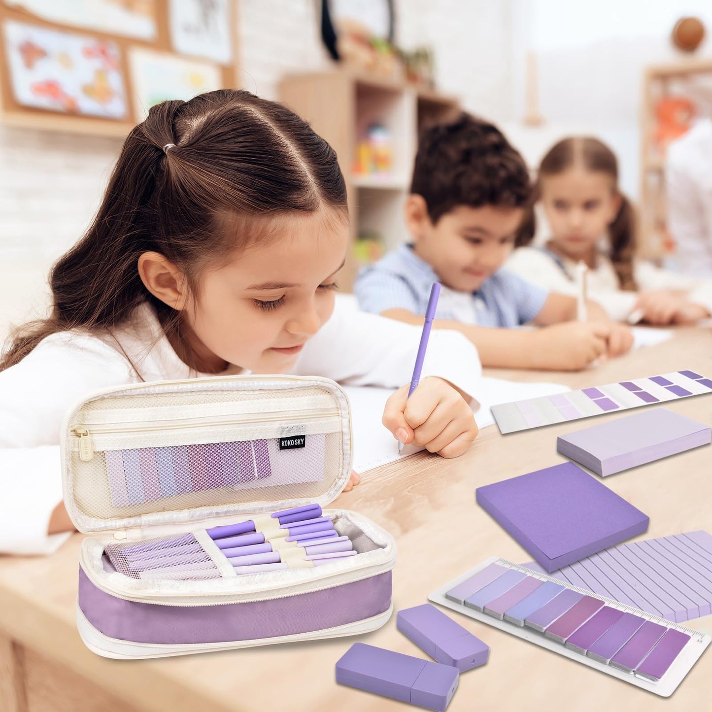 ChezAbbey 47Pcs Aesthetic School Supplies with Pencil Pouch - Cute College Essentials Set, Big Capacity Pen Case, Pastel Highlighters, Bible Study Journaling Stationary Kit (Purple)