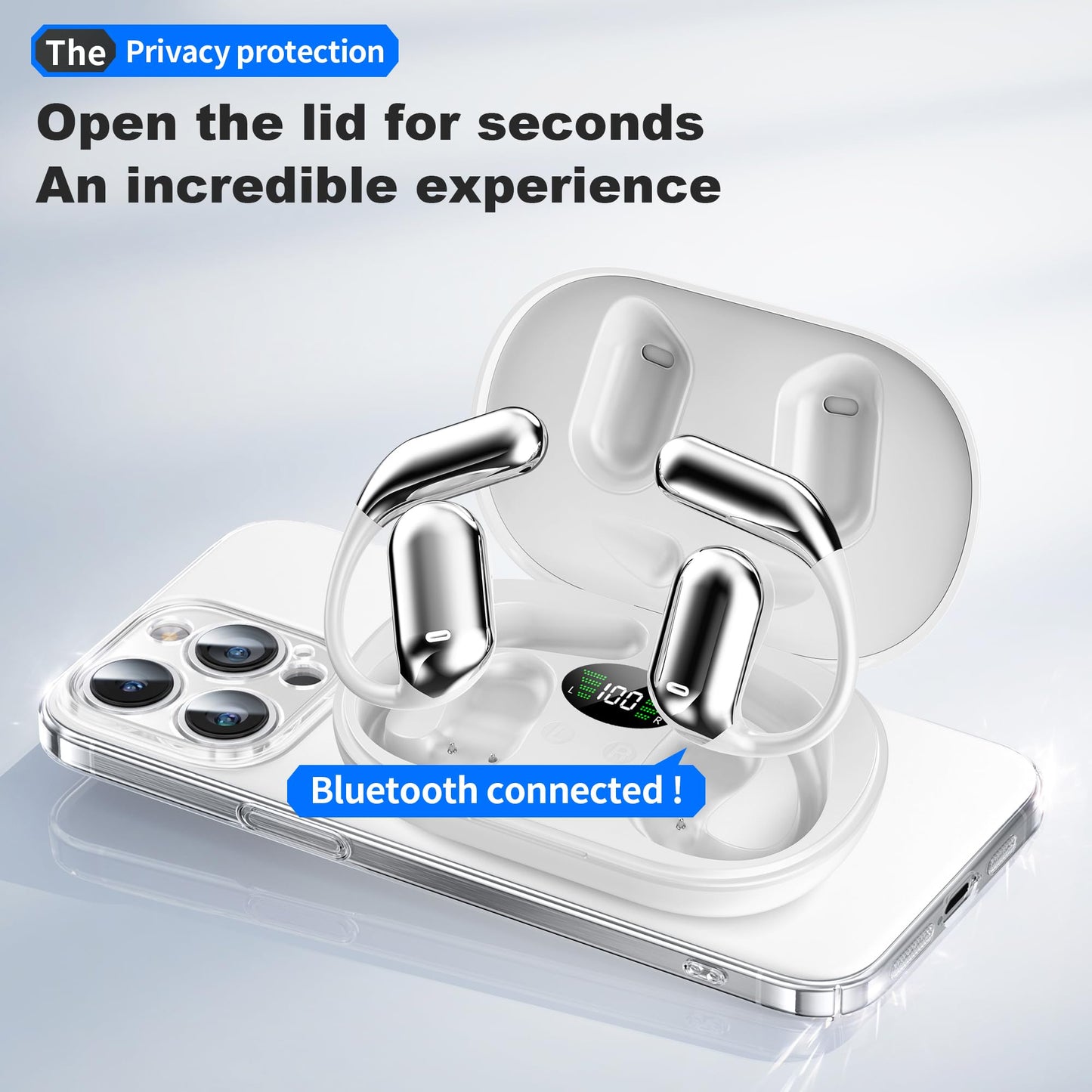 Real-Time AI Translation Earbuds, Open-Ear Audifonos Traductores Inglés Español Two-Way Translator Headphones, Bluetooth Wireless Earhooks for Business, Travel, Learning, Meetings (Pure White)