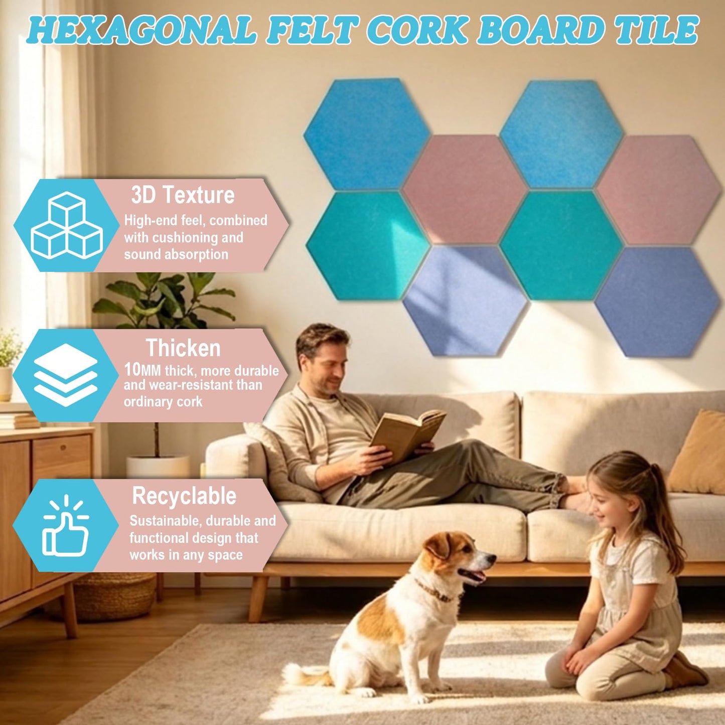 8 Pack Hexagon Cork Board Alternative for Walls Decor, 12" x 10" Self-Adhesive Felt Bulletin Board Tiles with 30 Pushpins, Acoustic Panels for Office,Classrooms (Macaron Fresh)